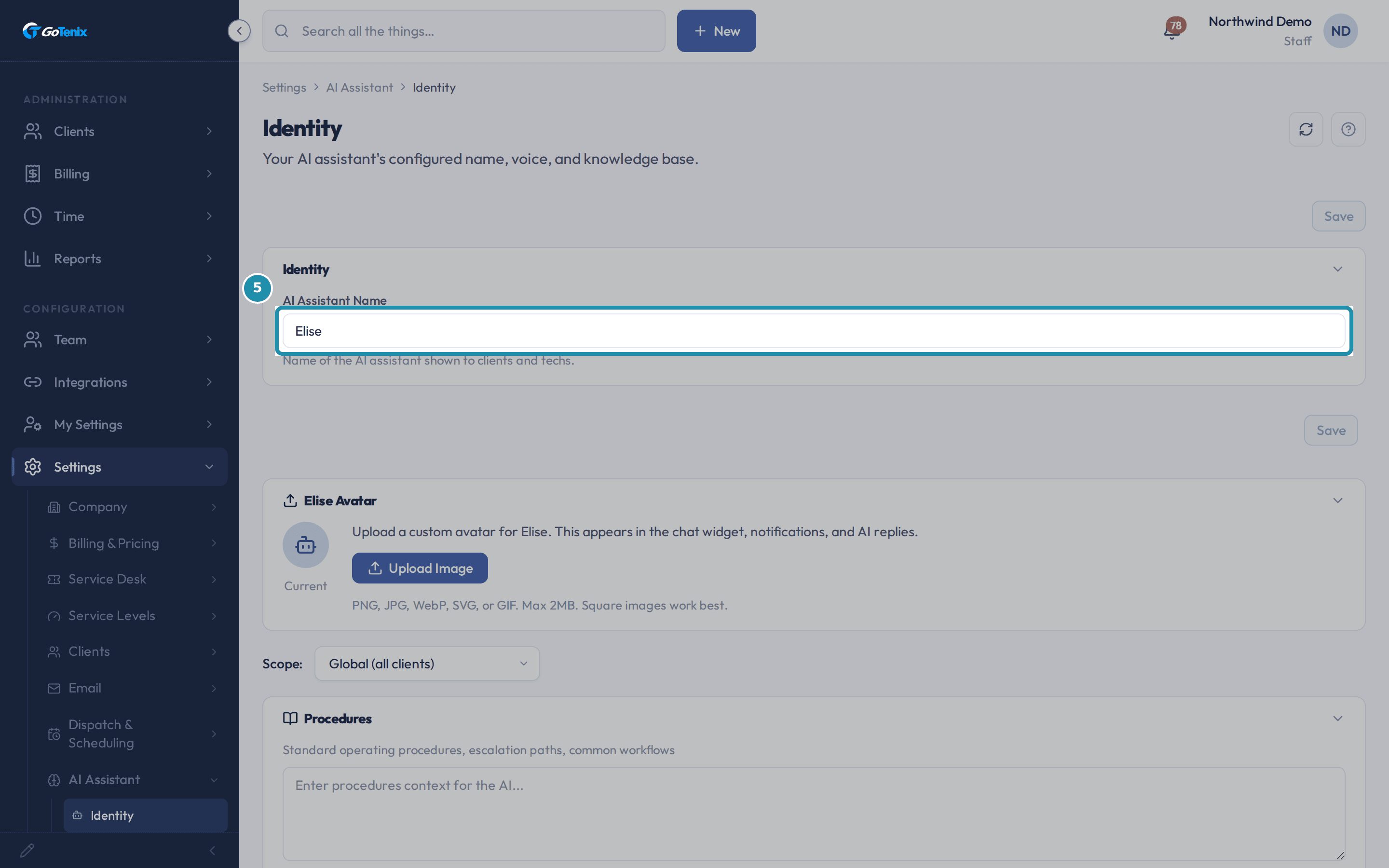 The Identity settings page with a teal box around the AI Assistant Name field, set to Elise.