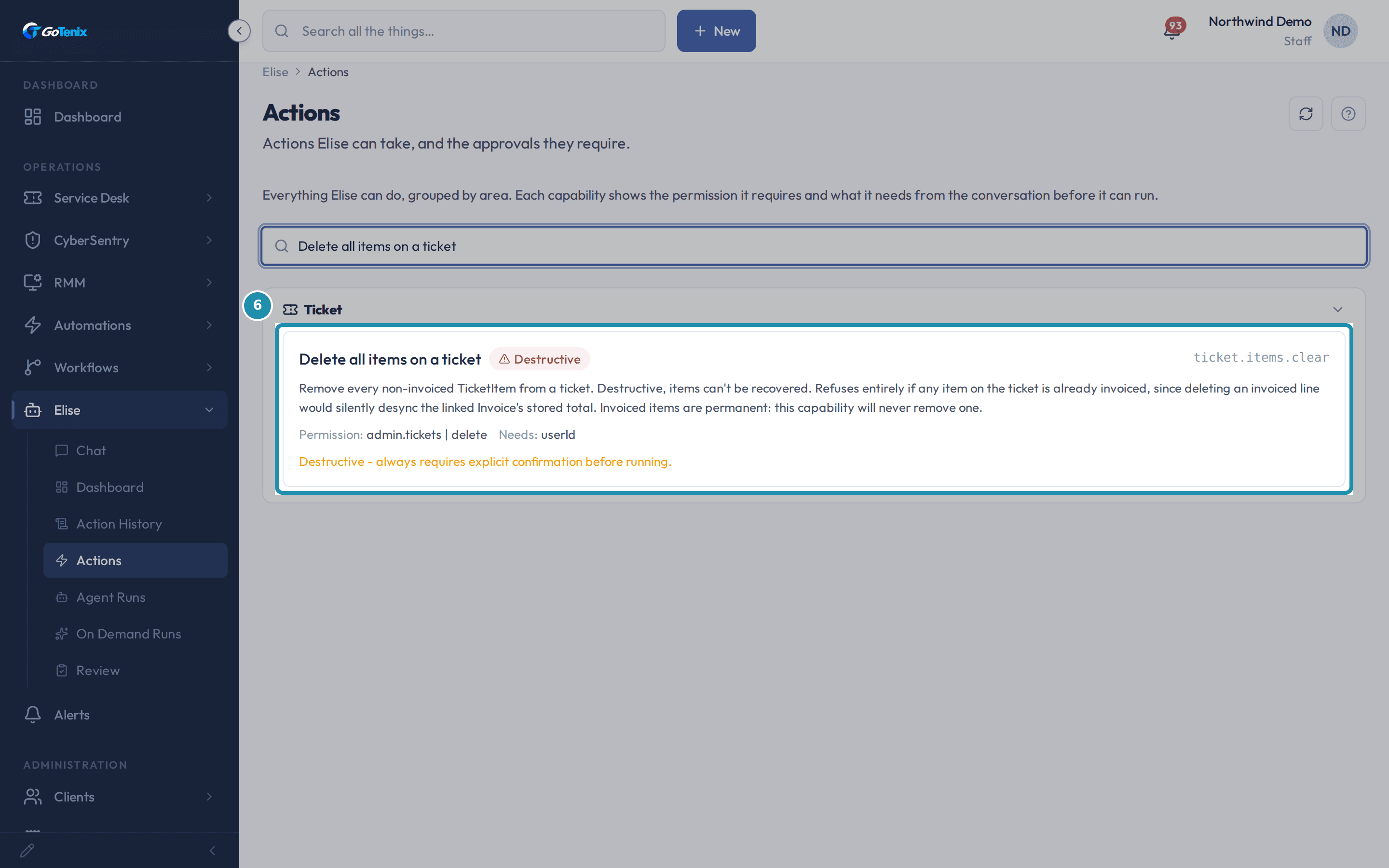 The Actions page searched for “Delete all items on a ticket”, with a box around its card showing a Destructive badge and the note that it is filed in Review > Gated Actions for a second person to release.