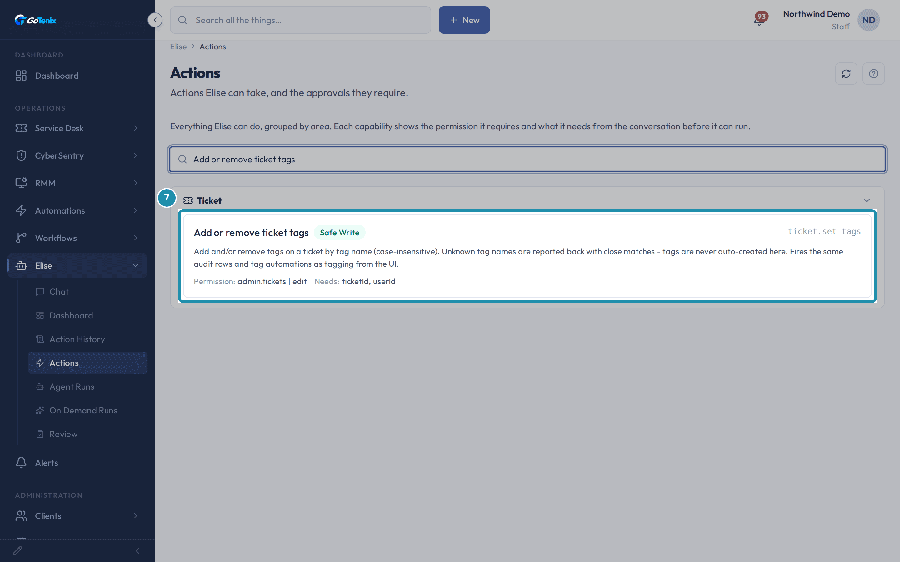 The Actions page searched for "Add or remove ticket tags", with a teal box around its card showing a Safe Write badge, its required permission, and what it needs from the conversation.