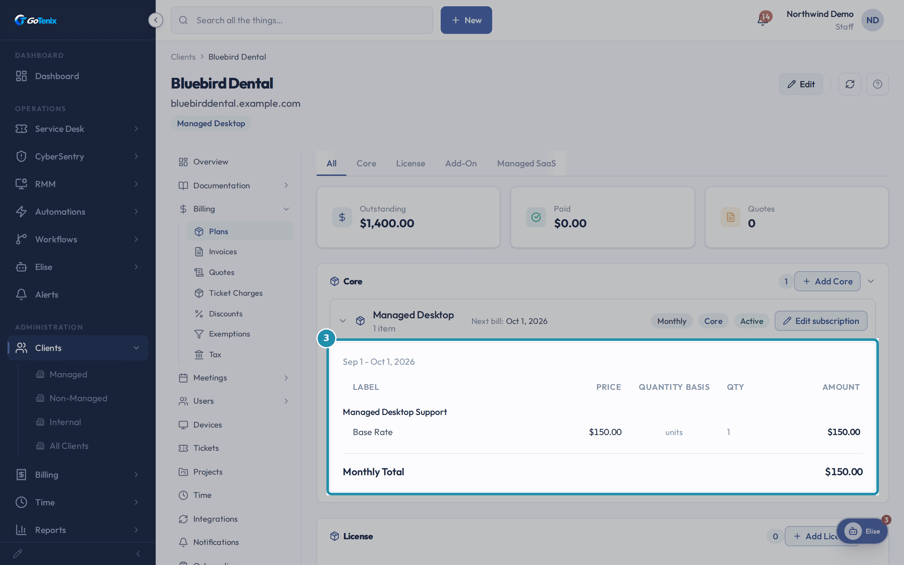 Bluebird Dental's Billing > Plans page showing the Managed Desktop subscription's Sep 1 - Oct 1, 2026 period with a $150.00 monthly total.