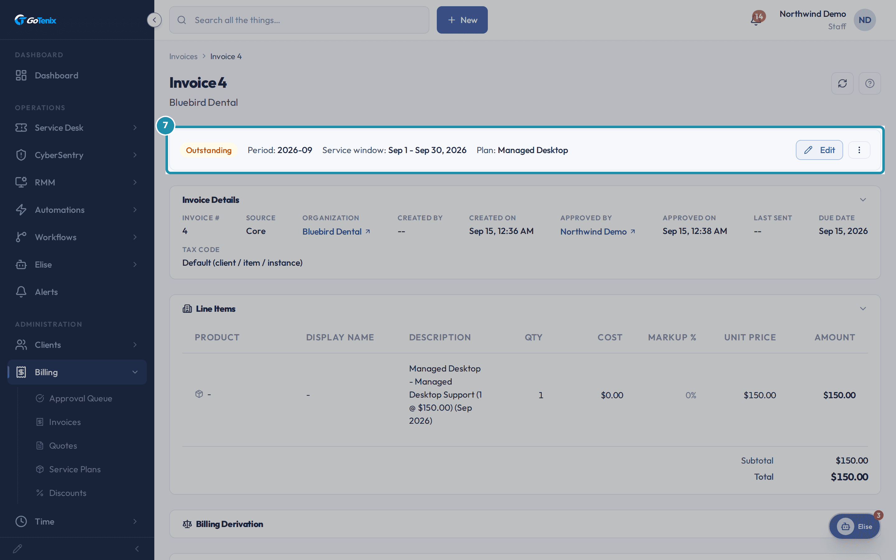 The invoice detail page after approval, now numbered Invoice 4, status Outstanding, with Approved By and Approved On filled in.