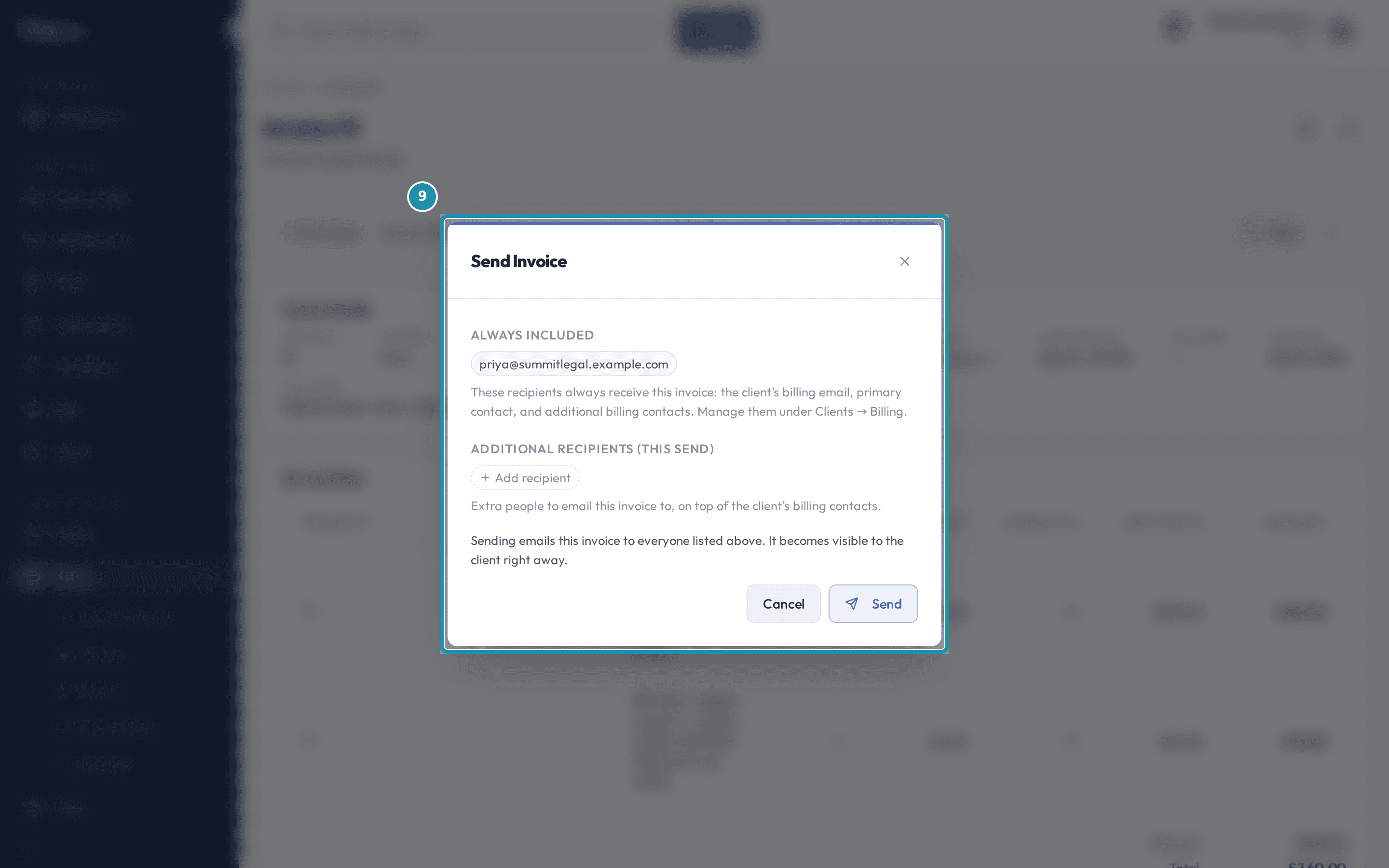 The Send Invoice dialog listing a billing contact under Always included and an Add recipient control under Additional Recipients.