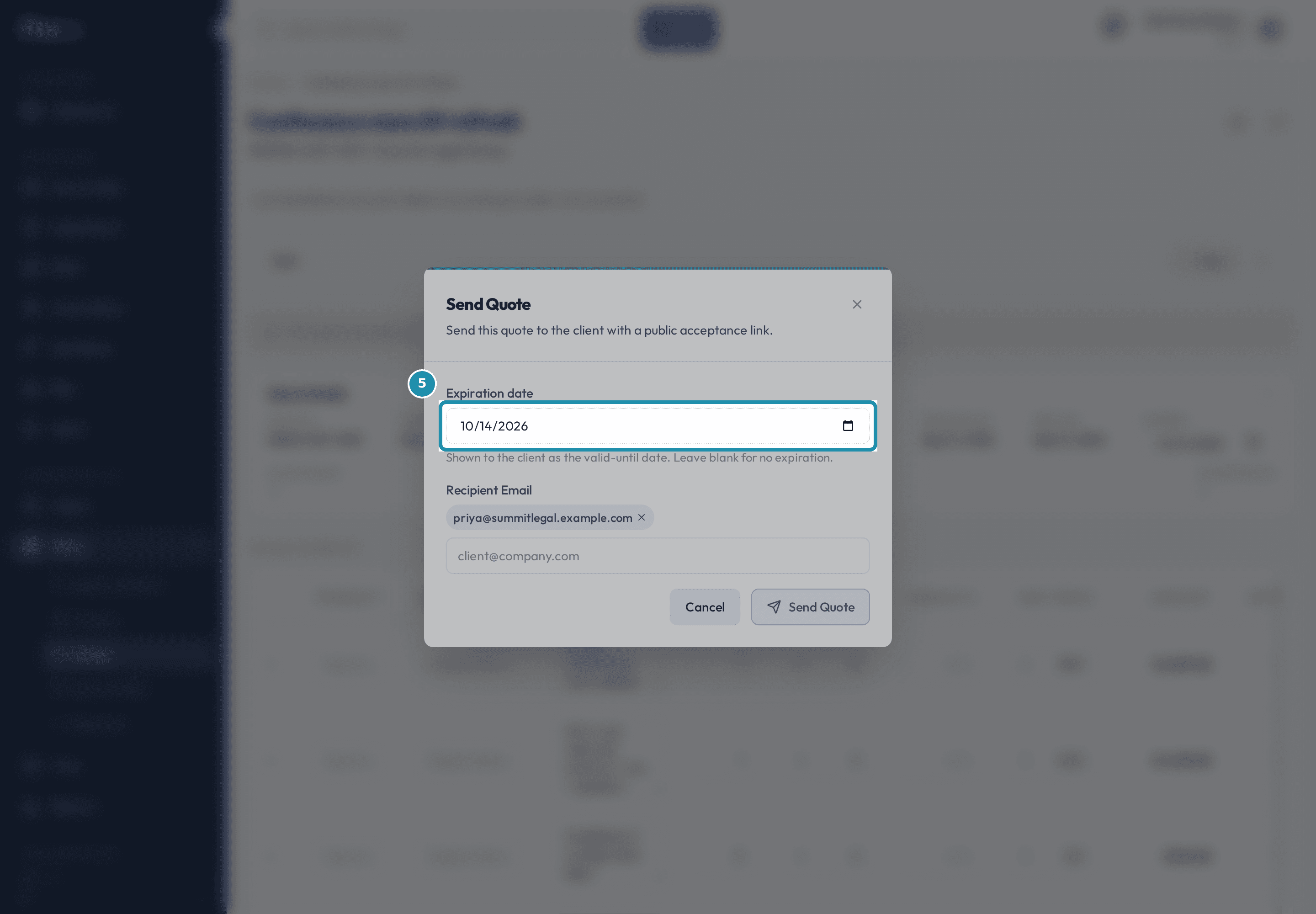 The Send Quote dialog's Expiration date field, boxed above the Recipient Email row.