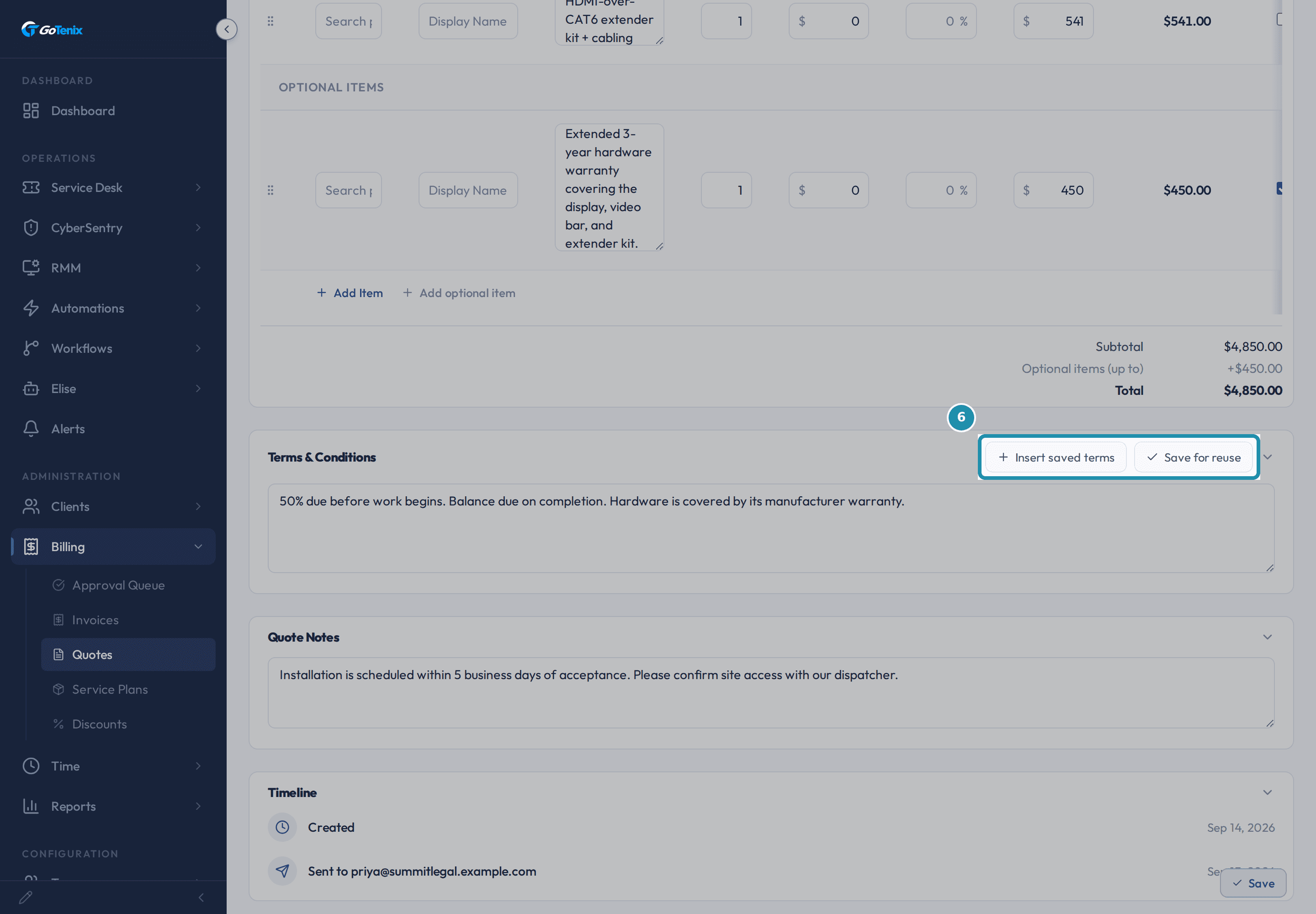 The Terms & Conditions card's Insert saved terms and Save for reuse buttons, boxed together above the terms text box.