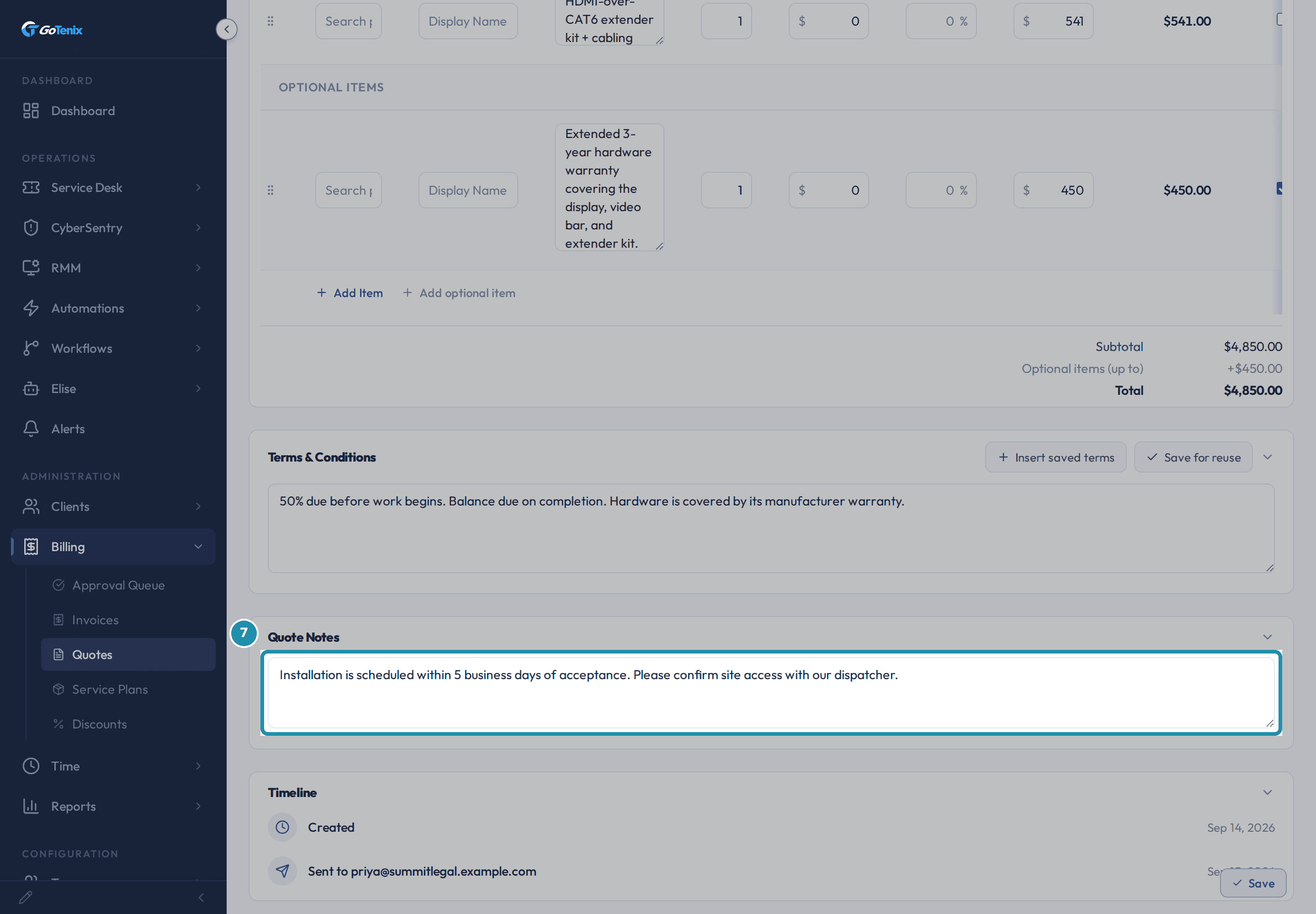 The Quote Notes card's text box holding a client-facing scheduling note, boxed below the Terms & Conditions card.