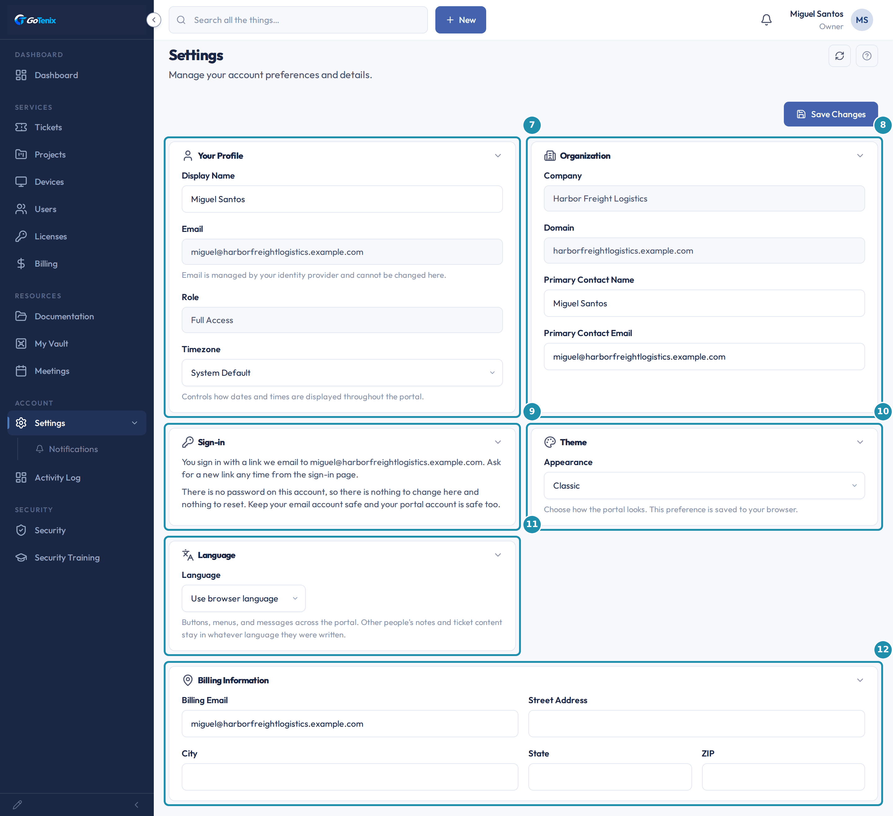 A client contact's Settings page, with a numbered teal badge and box outline on the Your Profile, Organization, Sign-in, Theme, Language, and Billing Information cards.