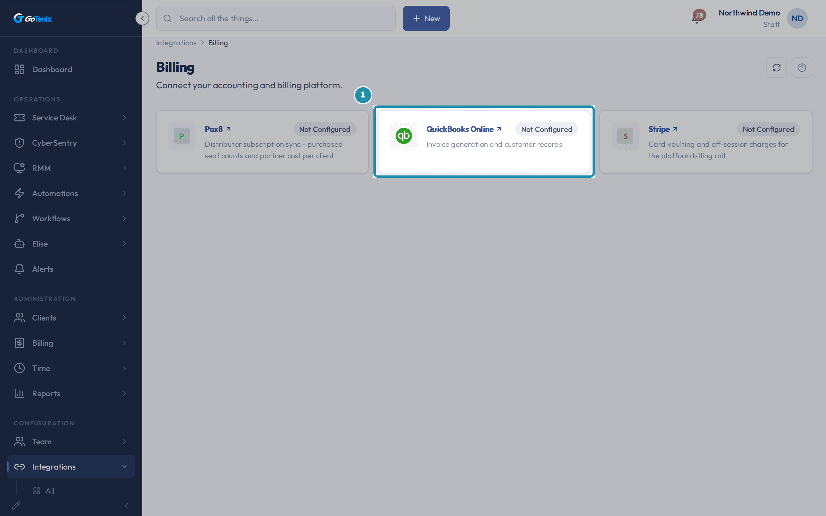 The Integrations Billing tab with a teal outline around the QuickBooks Online card, showing it Not Configured next to Pax8 and Stripe.