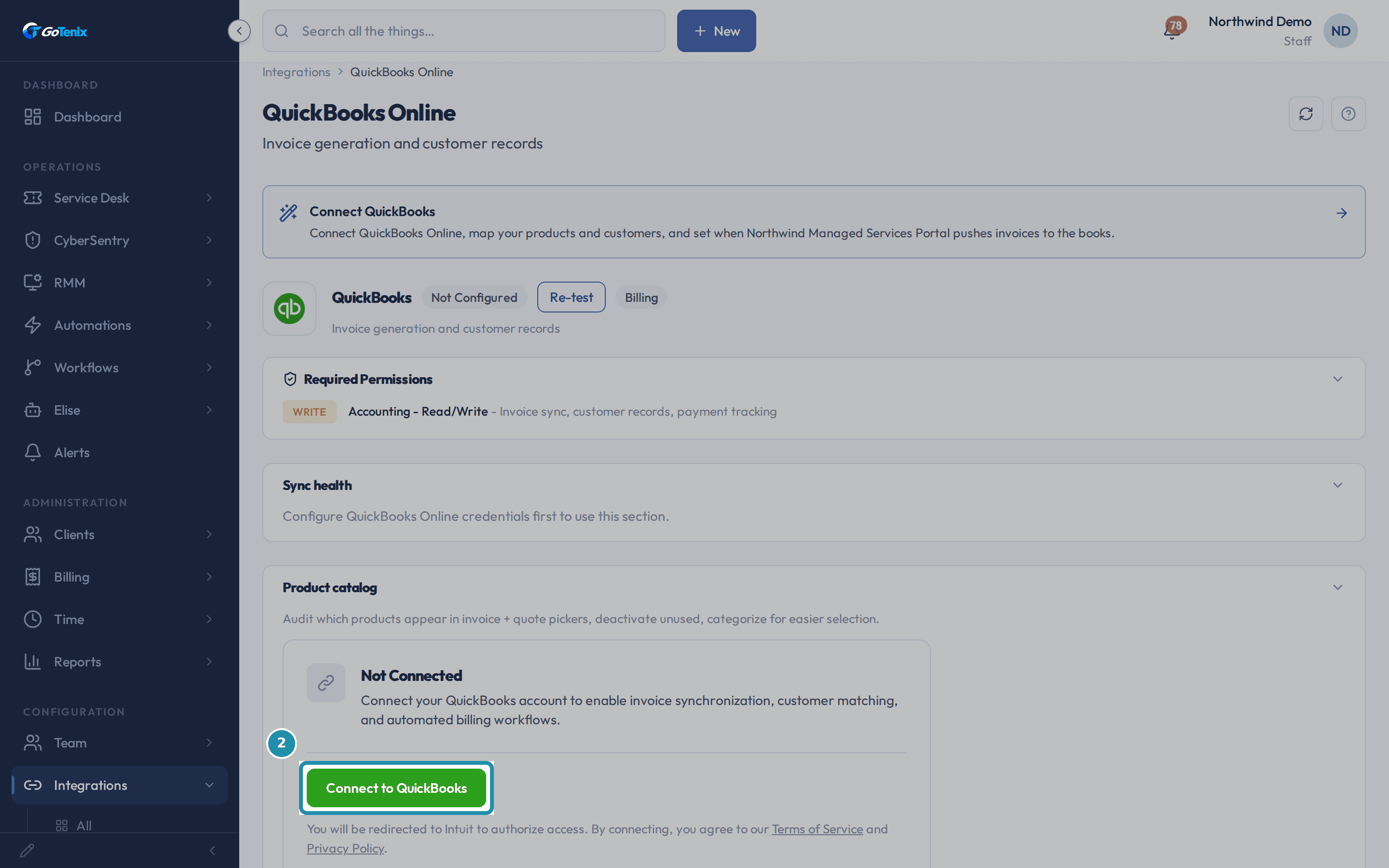 The QuickBooks Online integration detail page, not connected, with a teal outline around the green Connect to QuickBooks button.