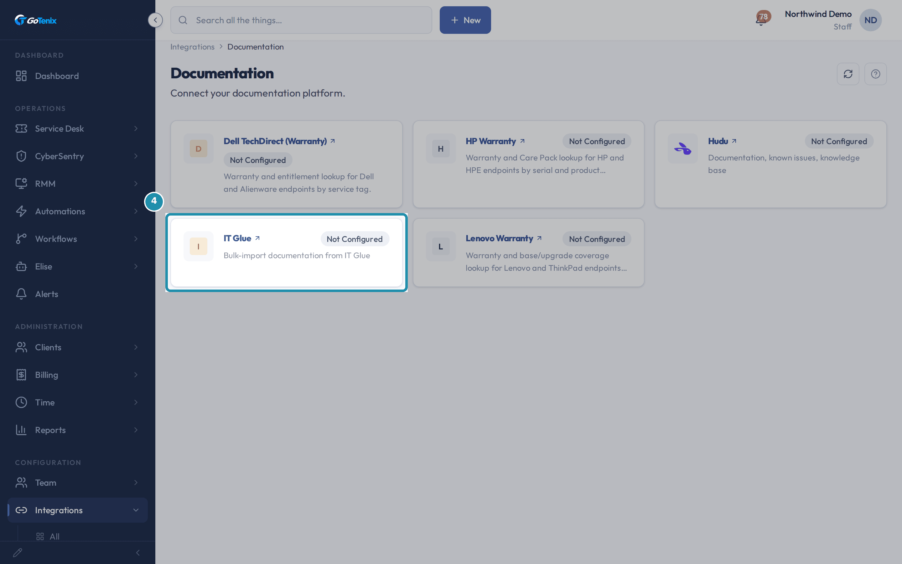 The Integrations Documentation tab with a teal outline around the IT Glue card, reading Not Configured, Bulk-import documentation from IT Glue.