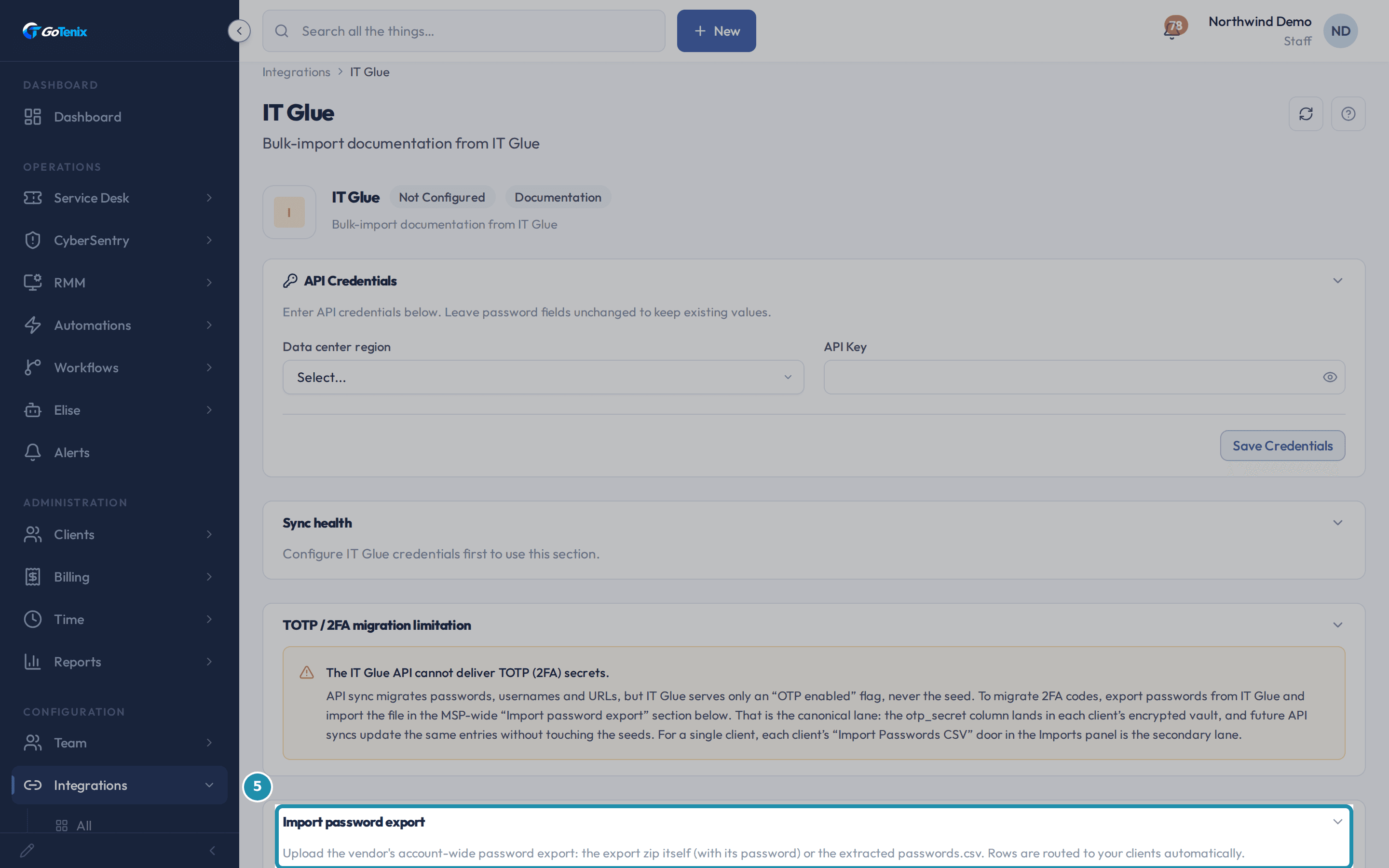 The IT Glue integration detail page with a teal outline around the Import password export card's heading and description.