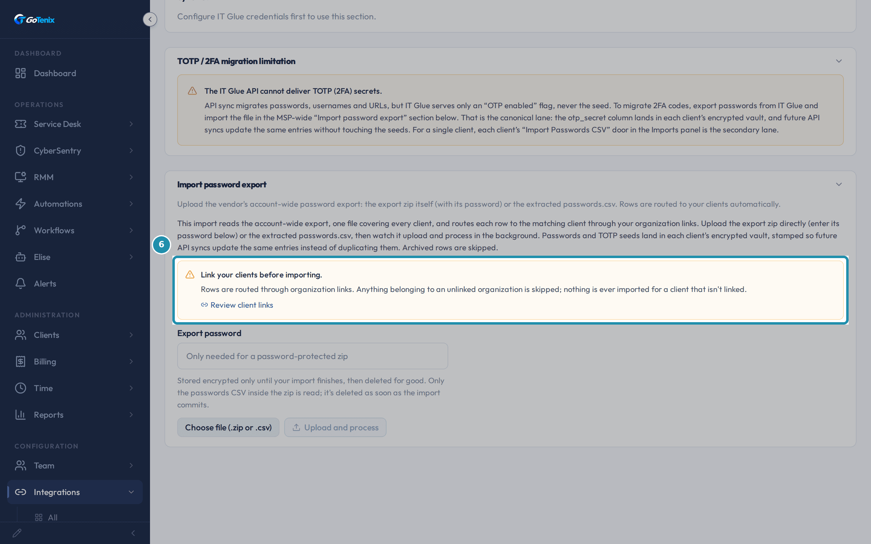 The IT Glue detail page with a teal outline around the amber Link your clients before importing banner, above the Choose file button.