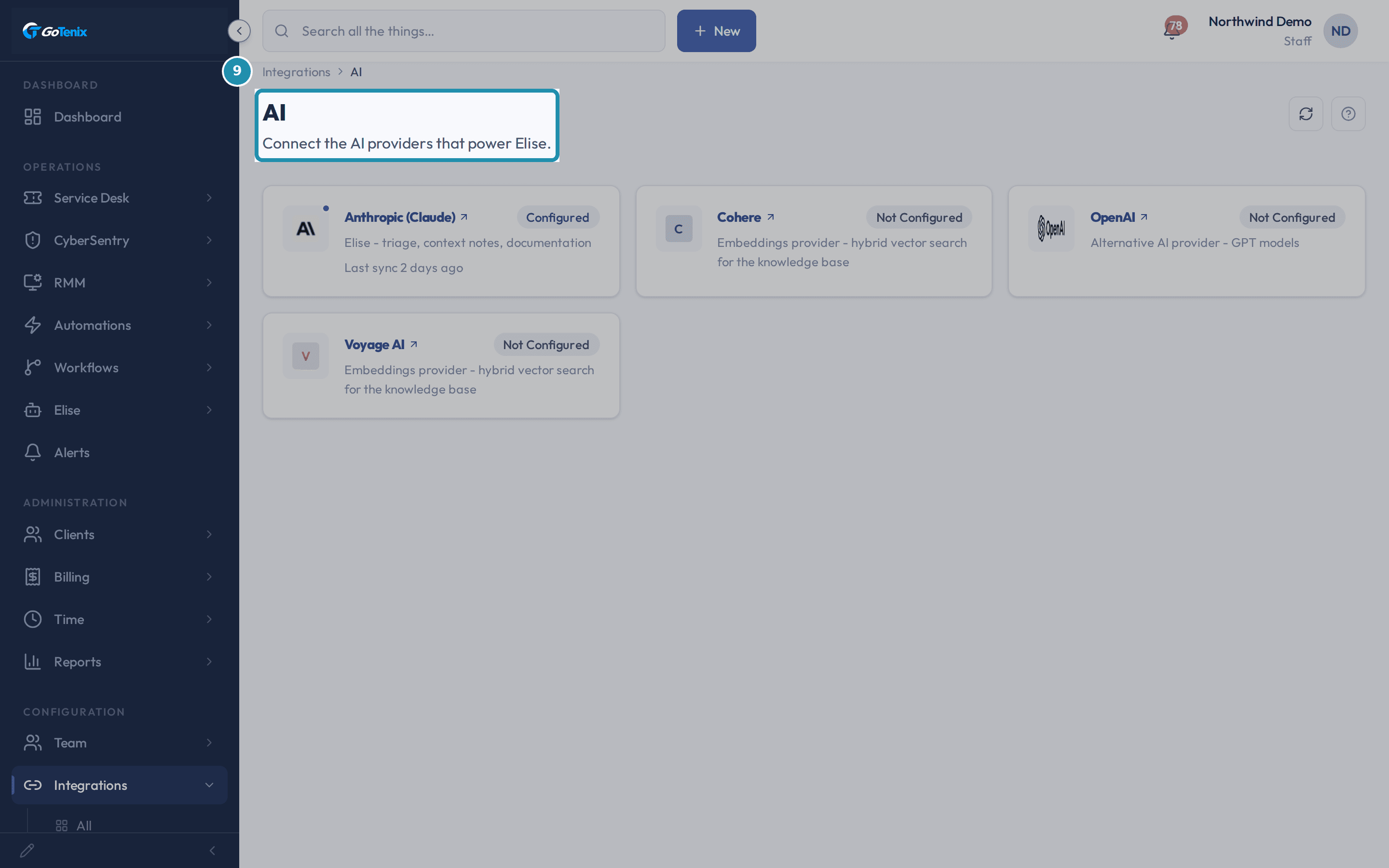 The Integrations AI tab with a teal outline around the page heading and its Connect the AI providers that power Elise subtitle.