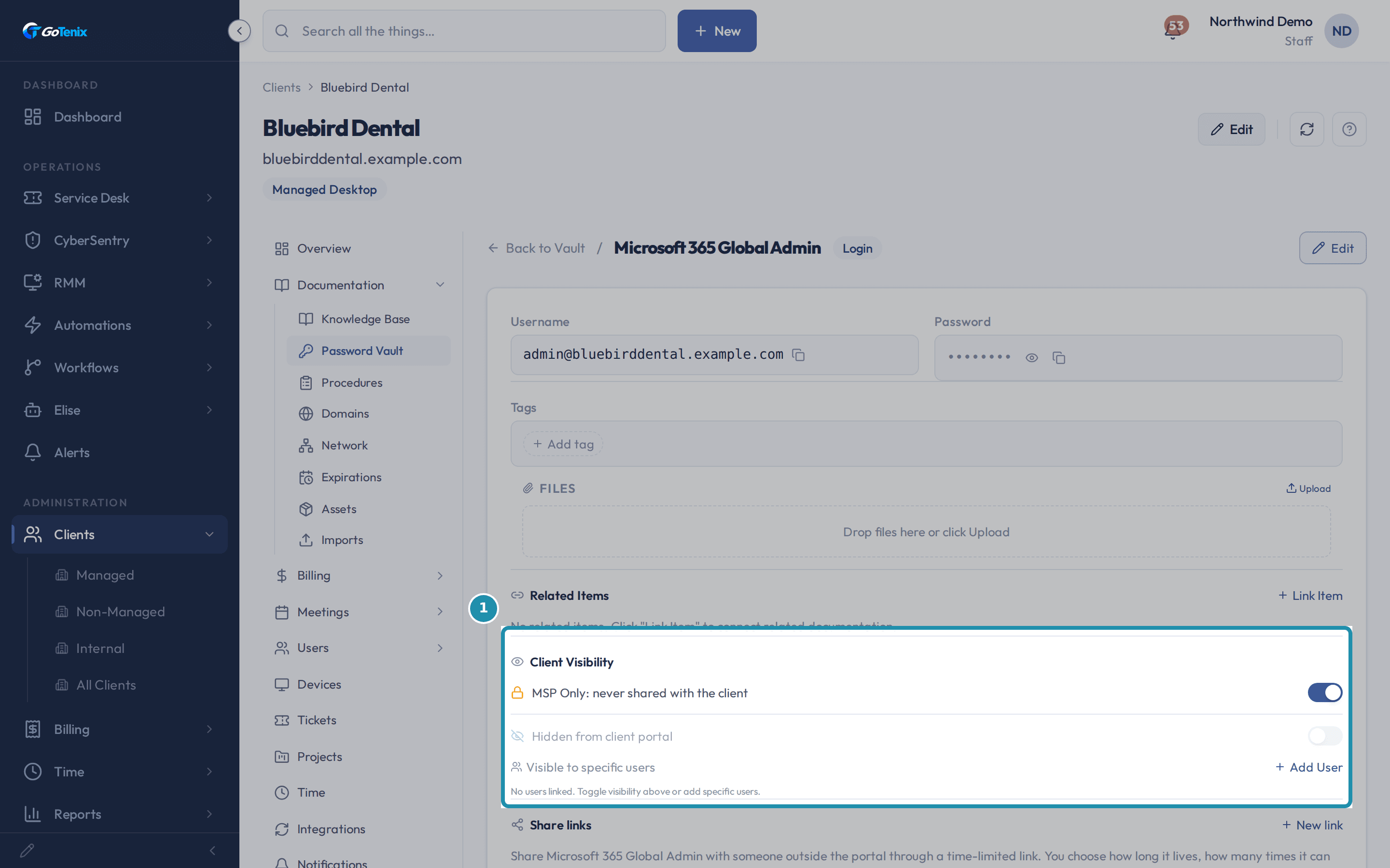 The Client Visibility panel on Microsoft 365 Global Admin with MSP Only turned on and the sharing toggle greyed out underneath it.