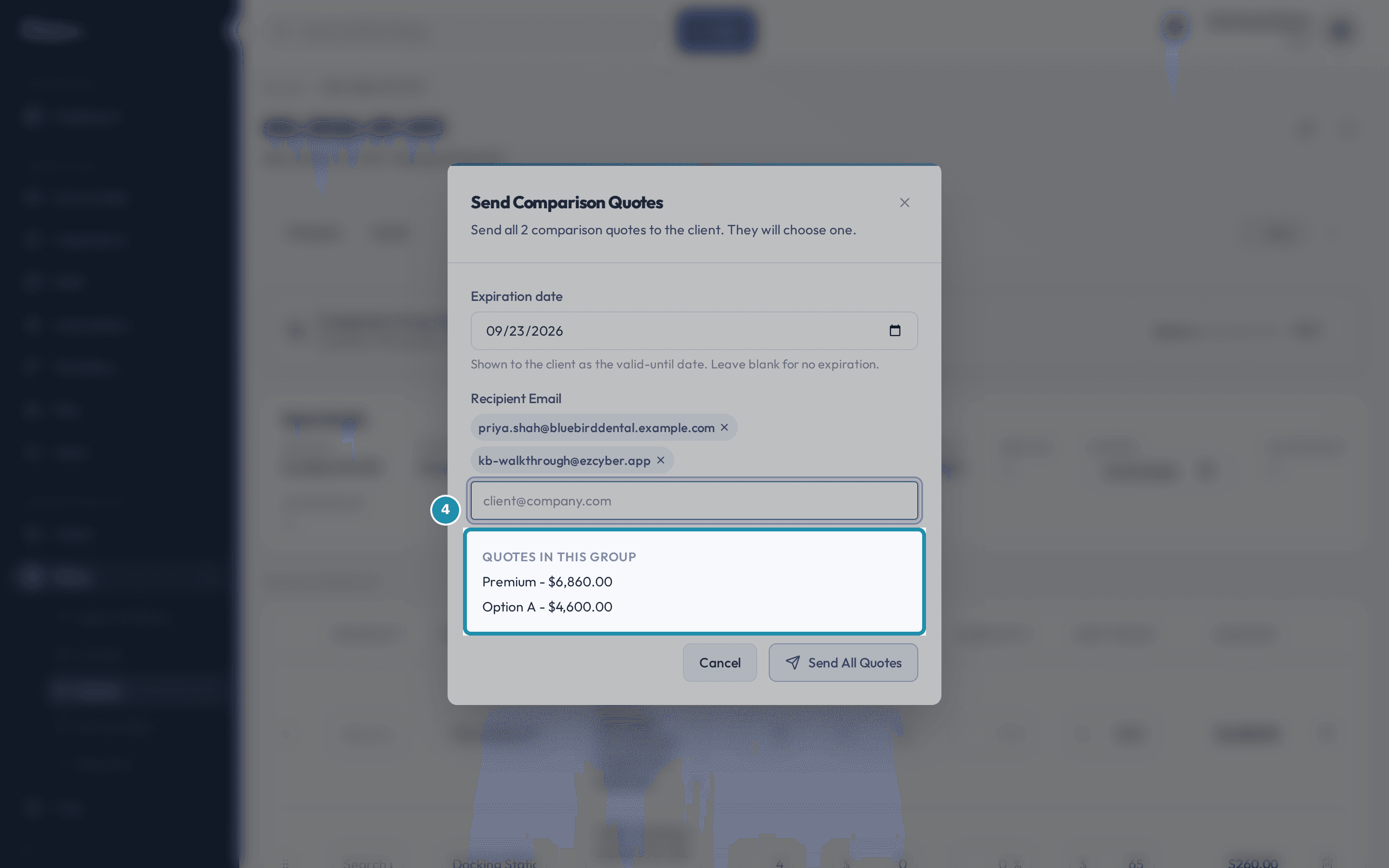 The Send Comparison Quotes dialog with the Quotes in this group list boxed, showing both quotes under one recipient field.