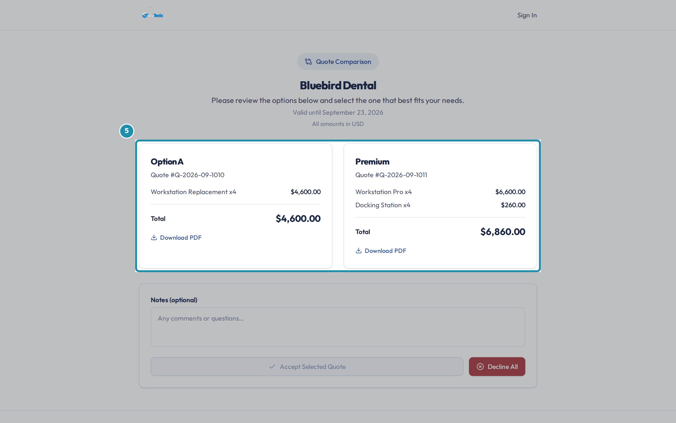 The client's accept page showing Option A and Premium as two side-by-side cards with their own totals and Download PDF links.