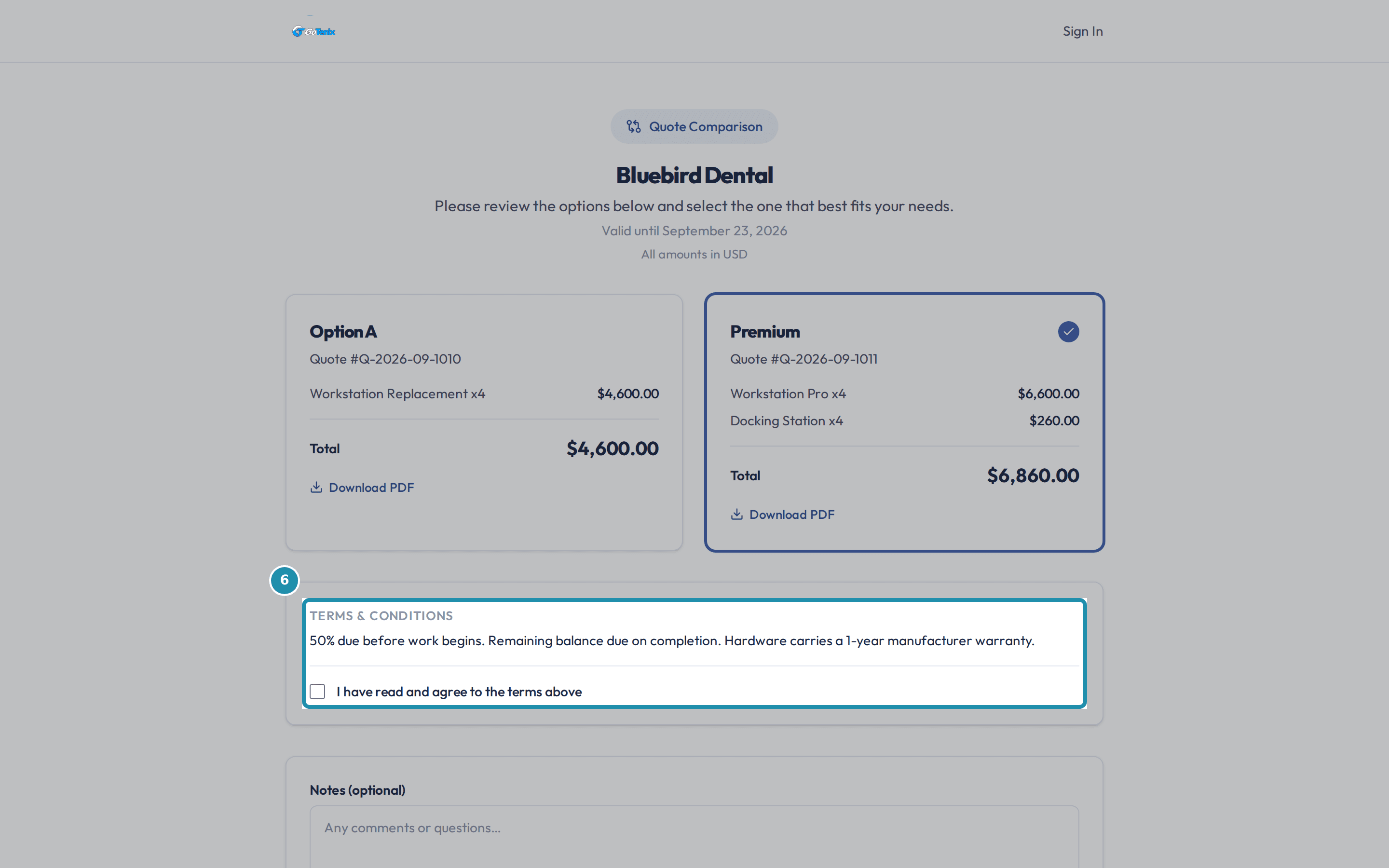 The Premium card selected on the client's accept page, with the Terms & Conditions block and its unticked agreement box below.