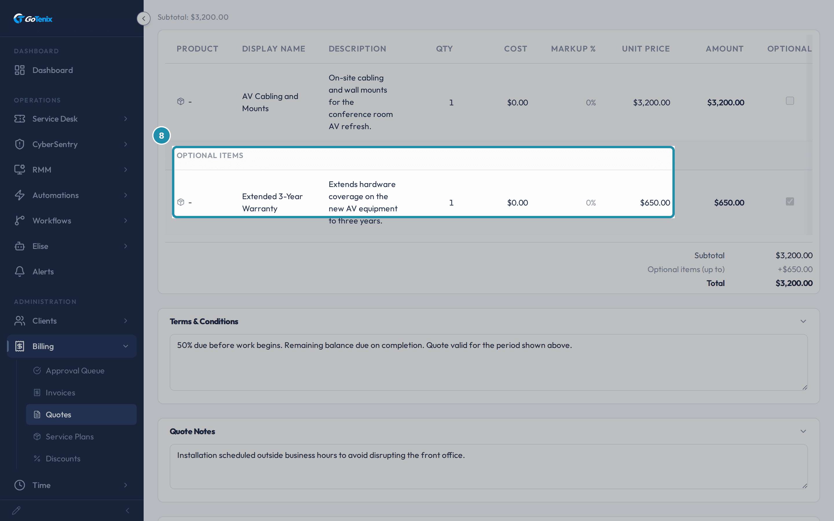 A single quote with an Optional items section and an Optional tick-box column.