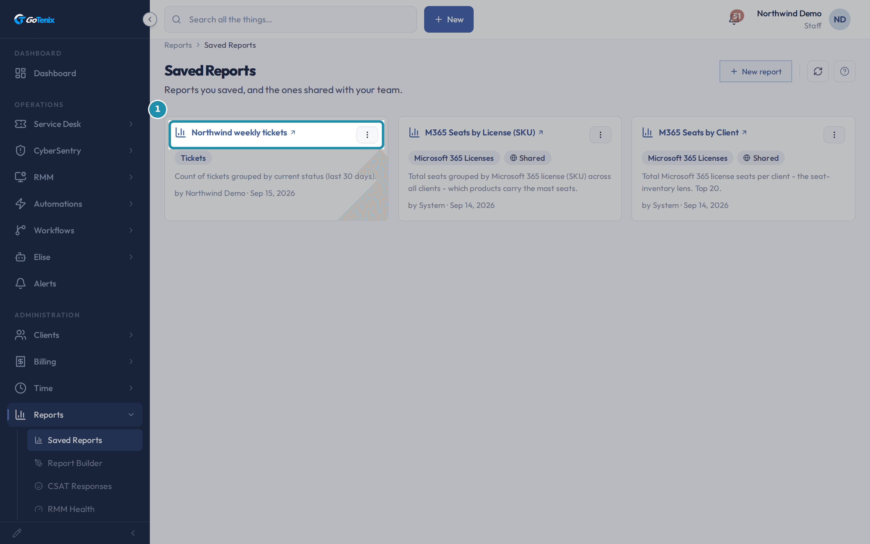The Saved Reports page with the Northwind weekly tickets card highlighted among three saved-report cards.