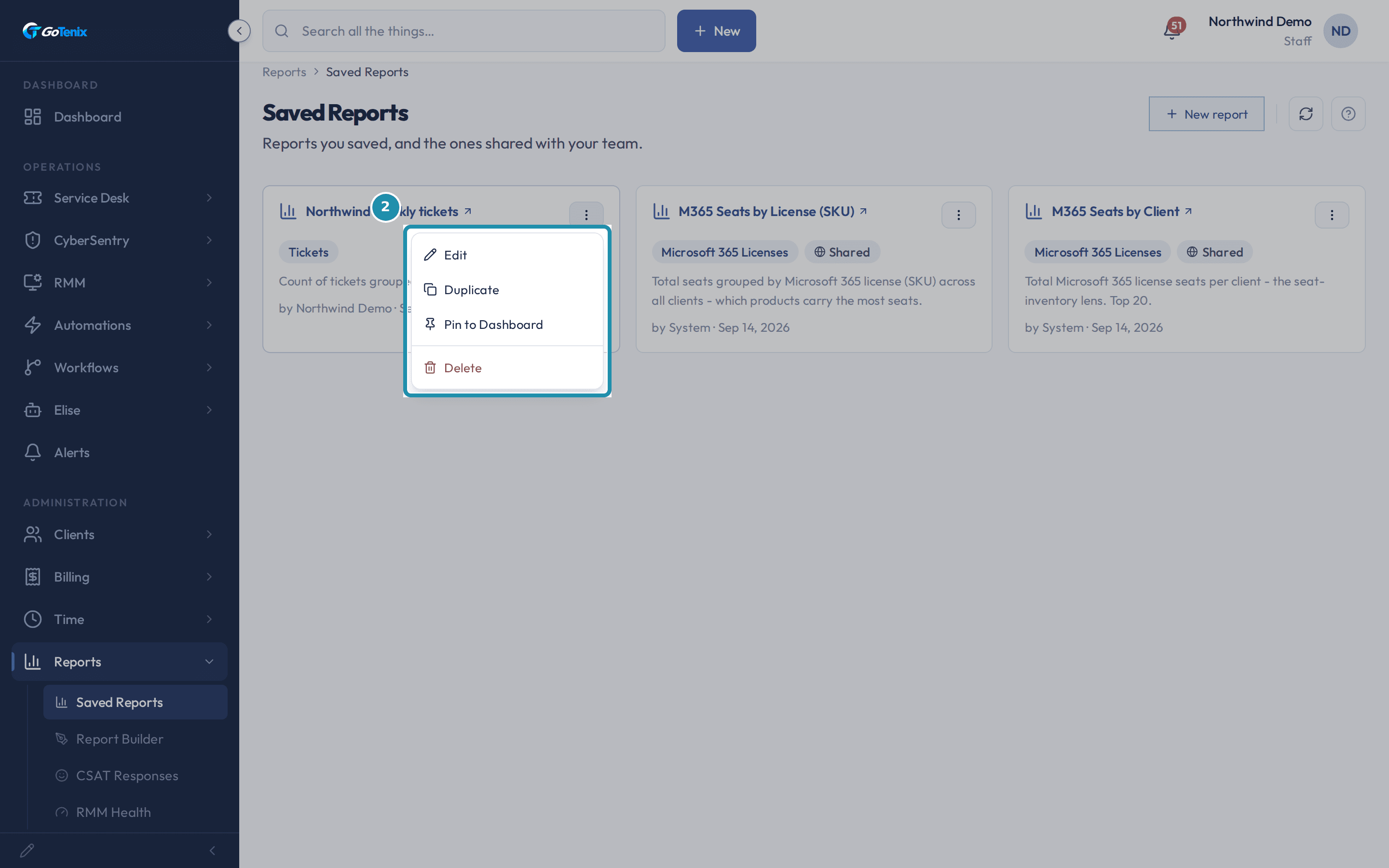 The report card's Actions menu open, with Pin to Dashboard highlighted above Delete.