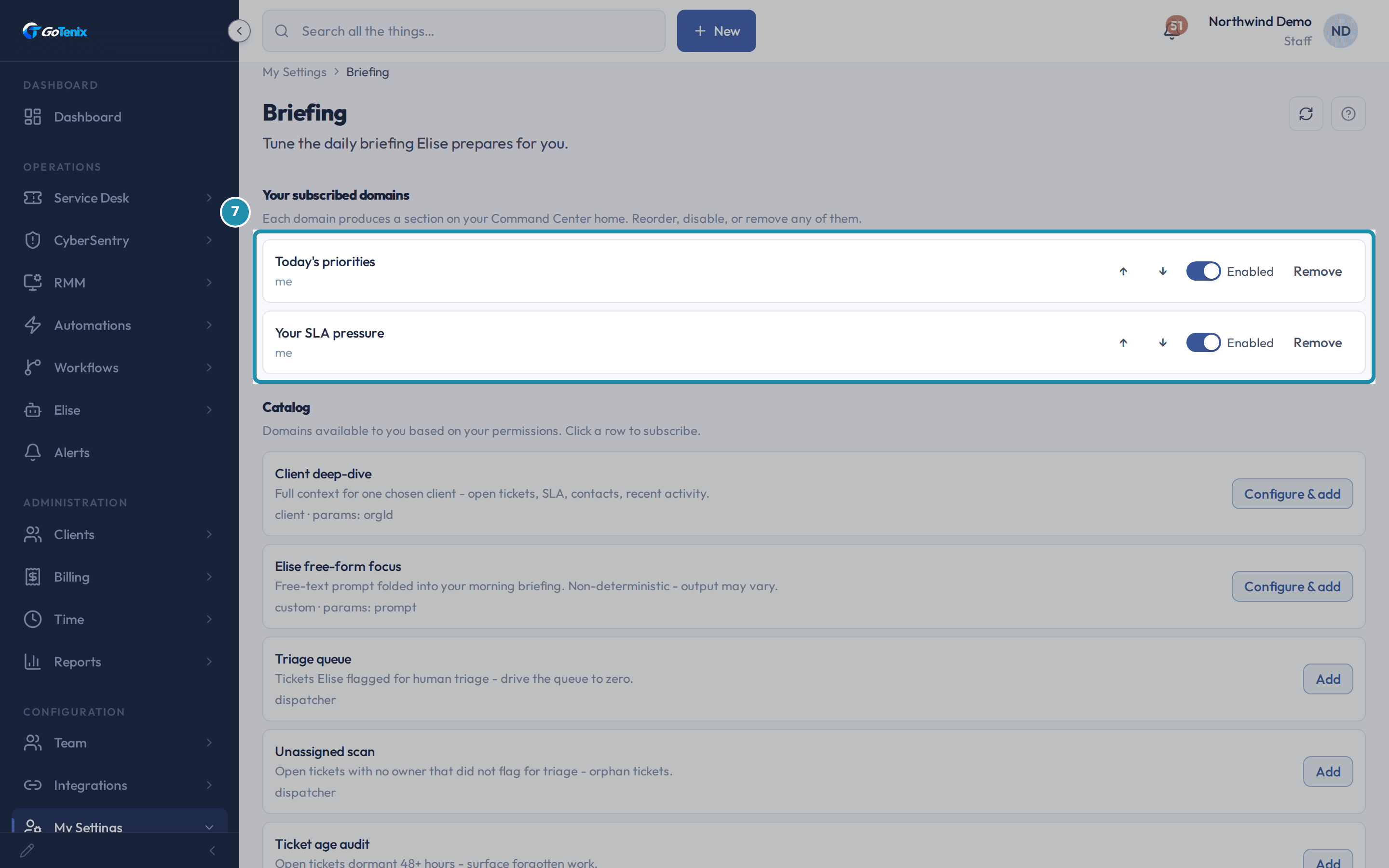 Your subscribed domains listing two briefing domains, each with reorder arrows, an Enabled toggle and Remove.