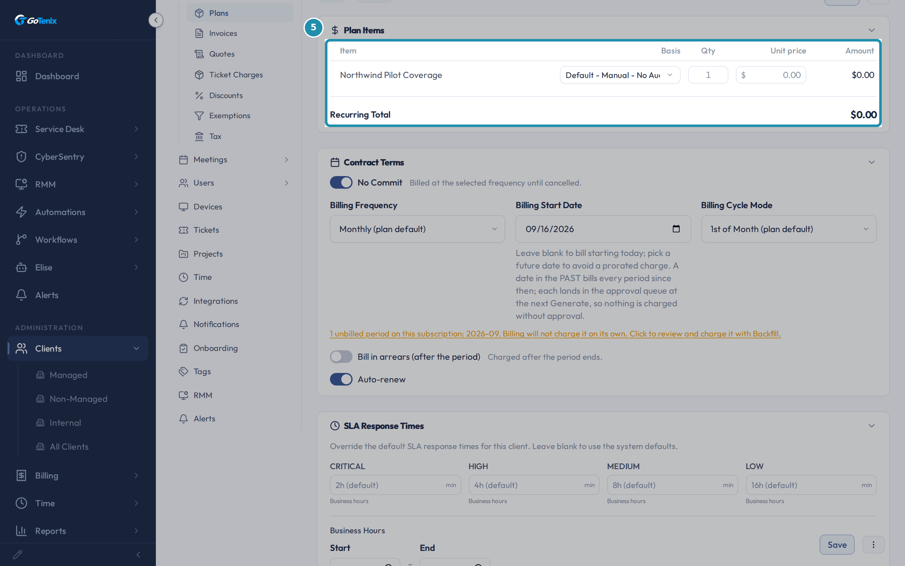 A client's Northwind Pilot subscription with the Plan Items table boxed, showing a $0.00 line and a $0.00 Recurring Total.