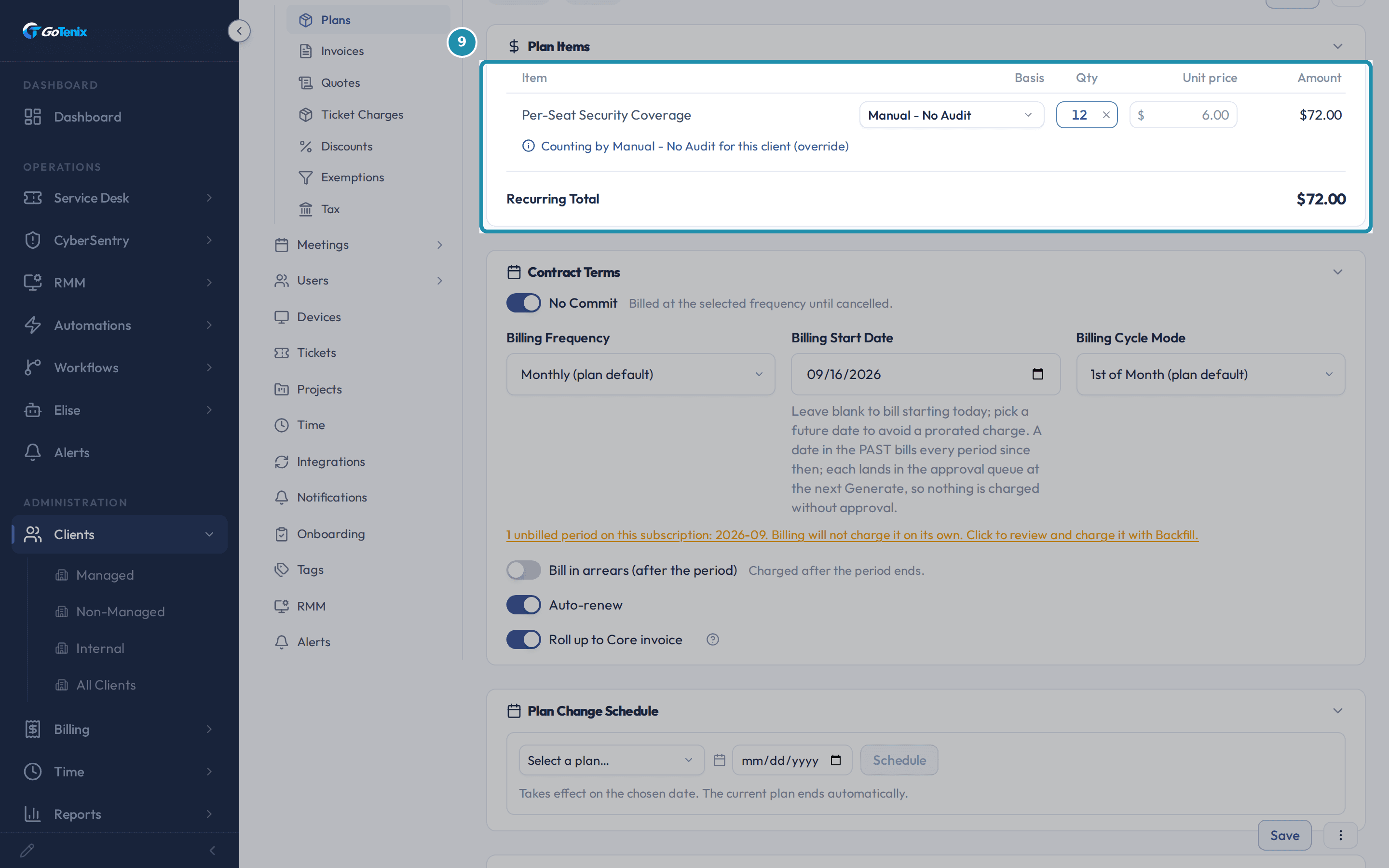 A client's add-on subscription with the Plan Items table boxed, showing the note Counting by Manual - No Audit for this client (override), quantity 12 and a $72.00 total.