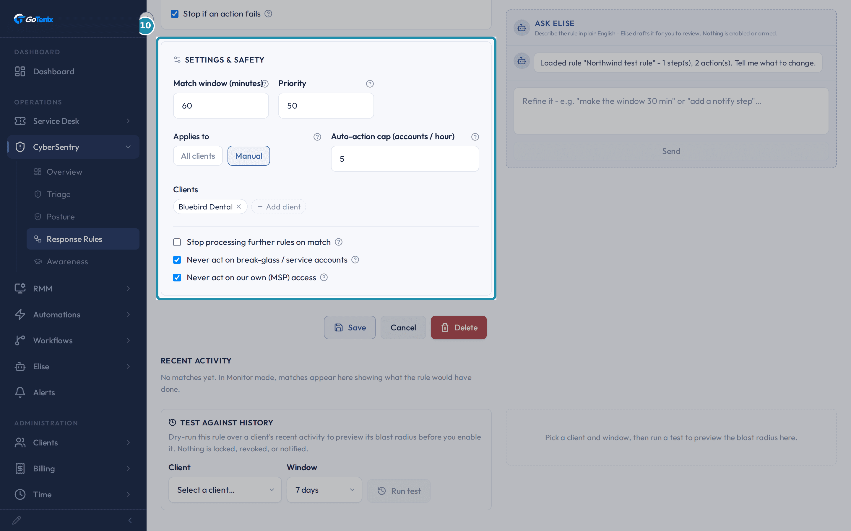 A Response Rule's Settings & Safety panel boxed, with Applies to set to Manual and one client listed.