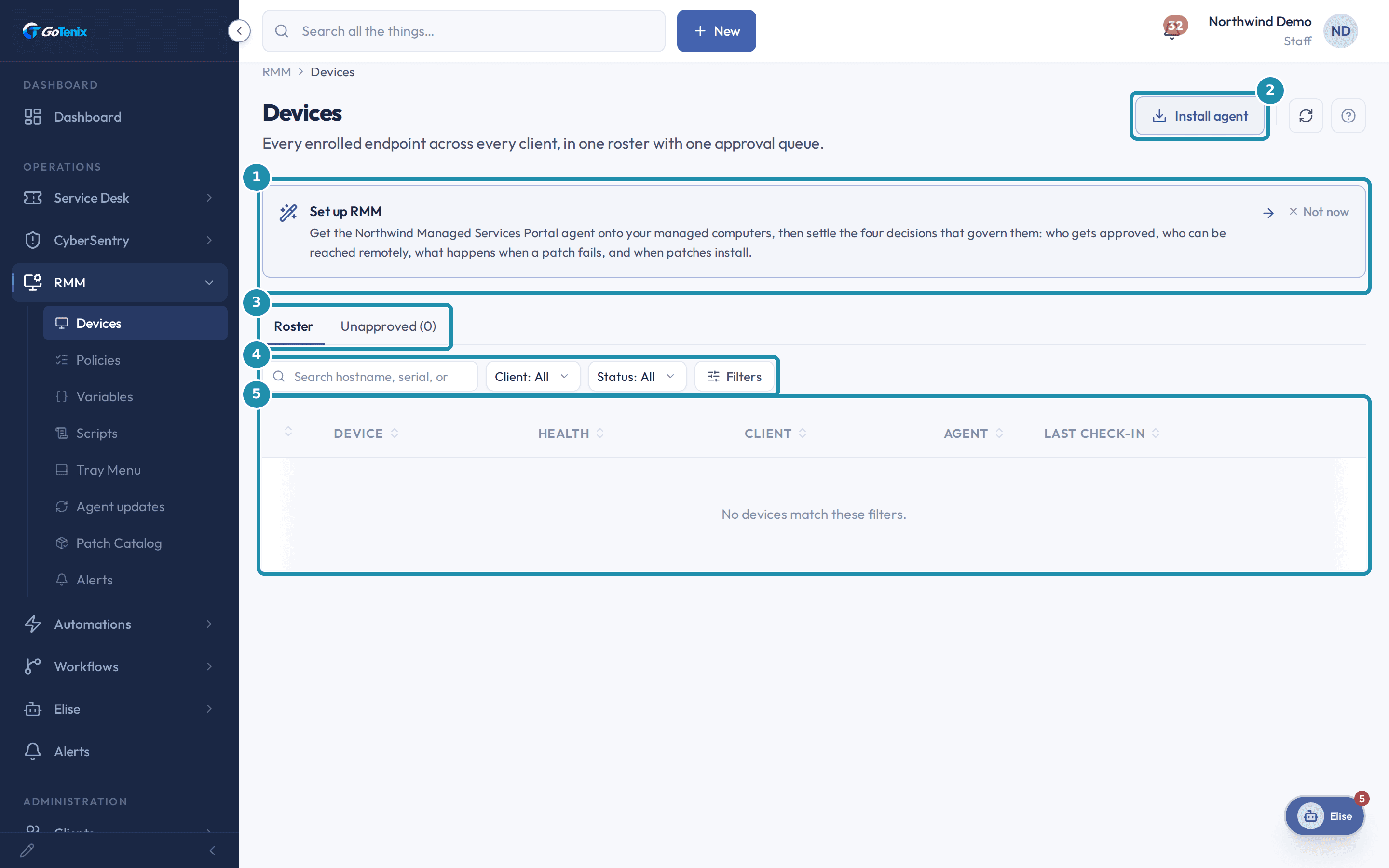 The RMM Devices page with a numbered teal badge on the Set up RMM banner, the Install agent button, the Roster and Unapproved tabs, the search and filter row, and the device roster table with its Device, Health, Client, Agent and Last check-in columns.
