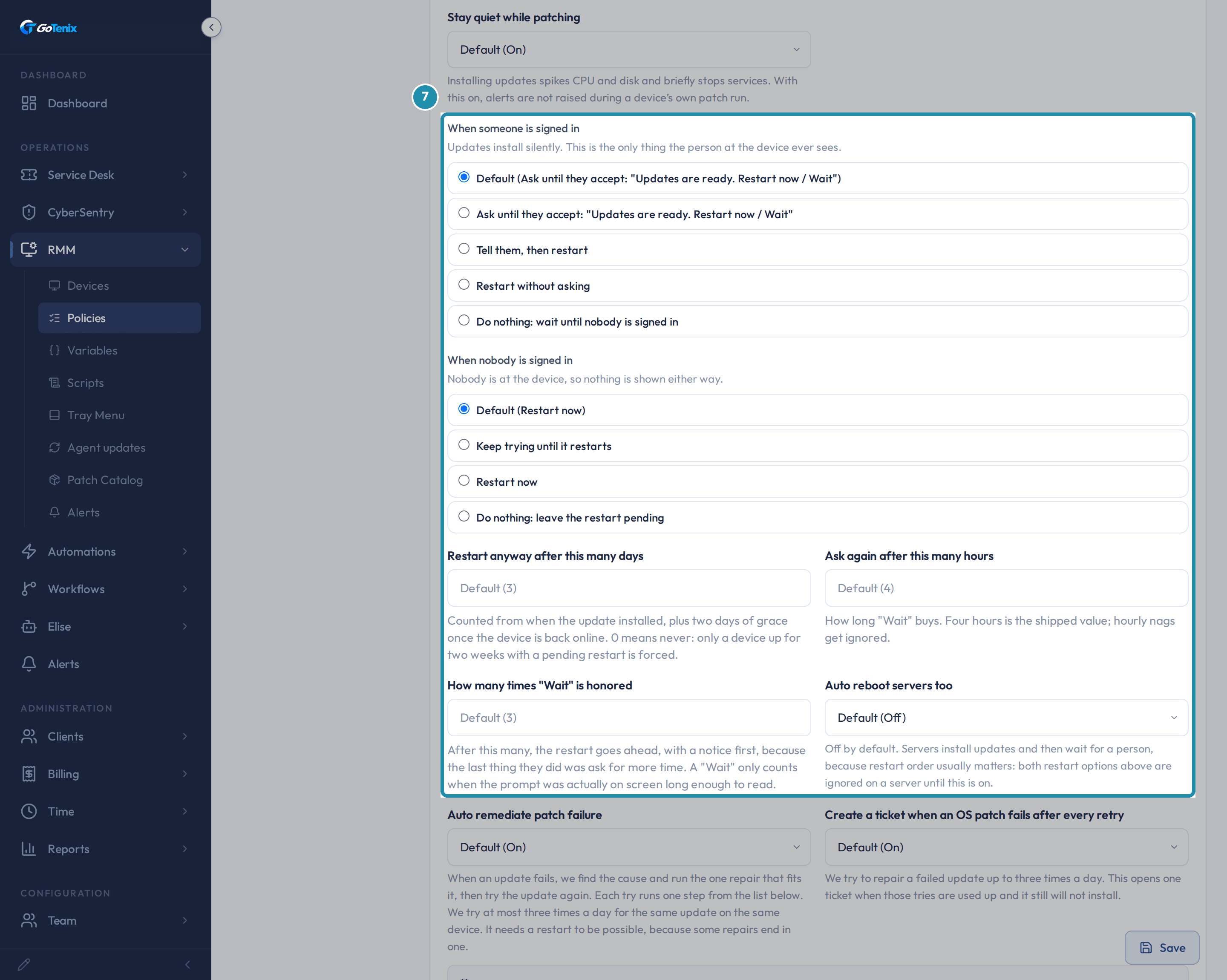 The Patching tab's restart block: When someone is signed in with five radio choices, When nobody is signed in with four, and the restart timing fields and Auto reboot servers too beneath them.