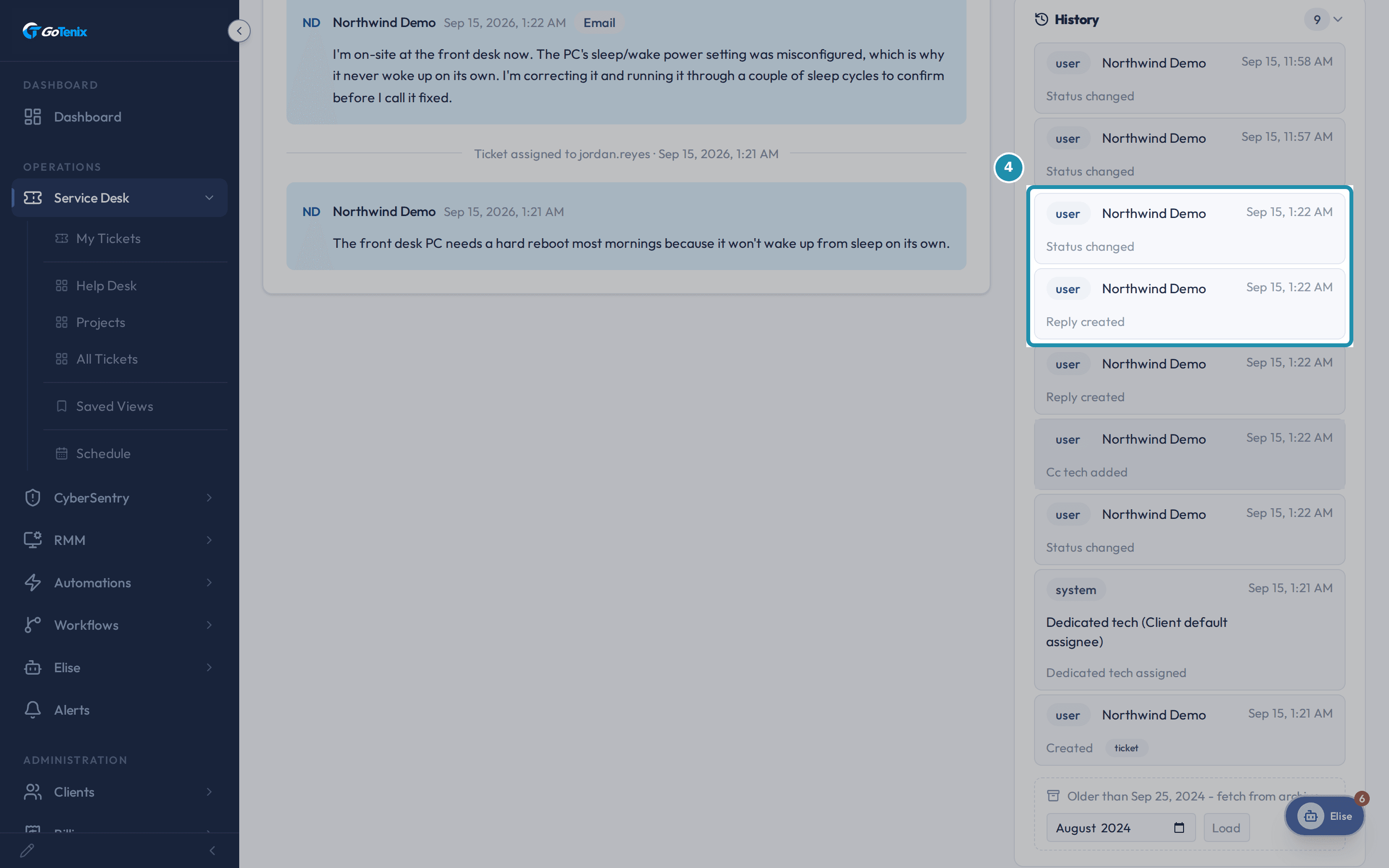 The ticket's History card with the Status changed and Reply created rows highlighted.