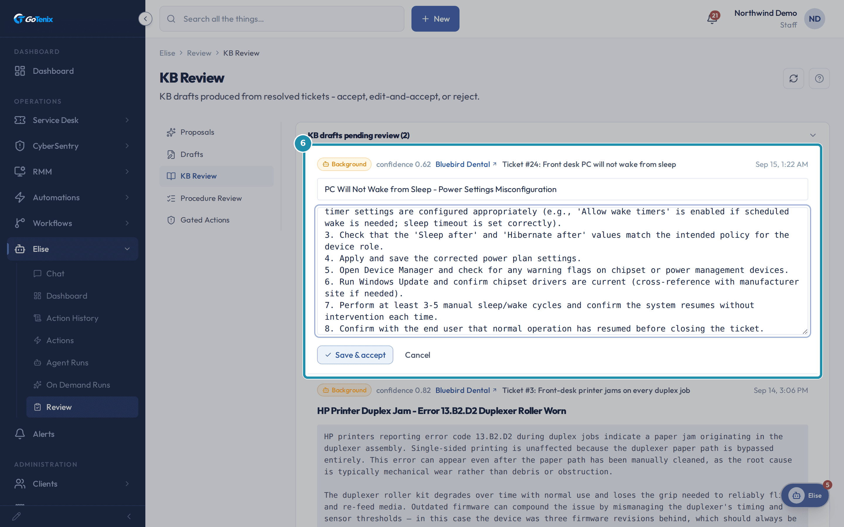 The KB draft in edit mode with the title and body editable and the Save & accept button below, boxed.