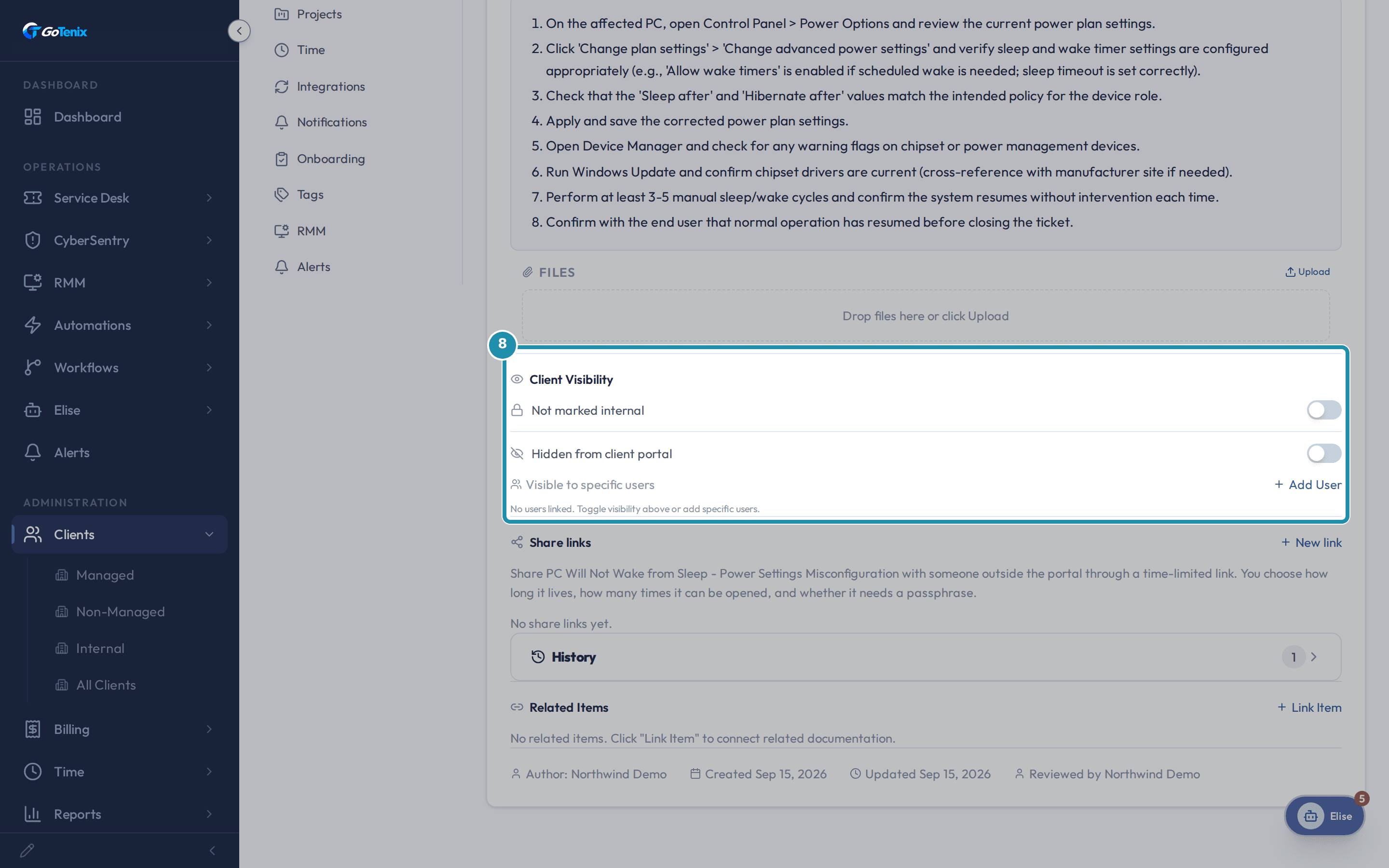 The article's Client Visibility panel with the Not marked internal and Hidden from client portal switches and the Visible to specific users, Add User control.