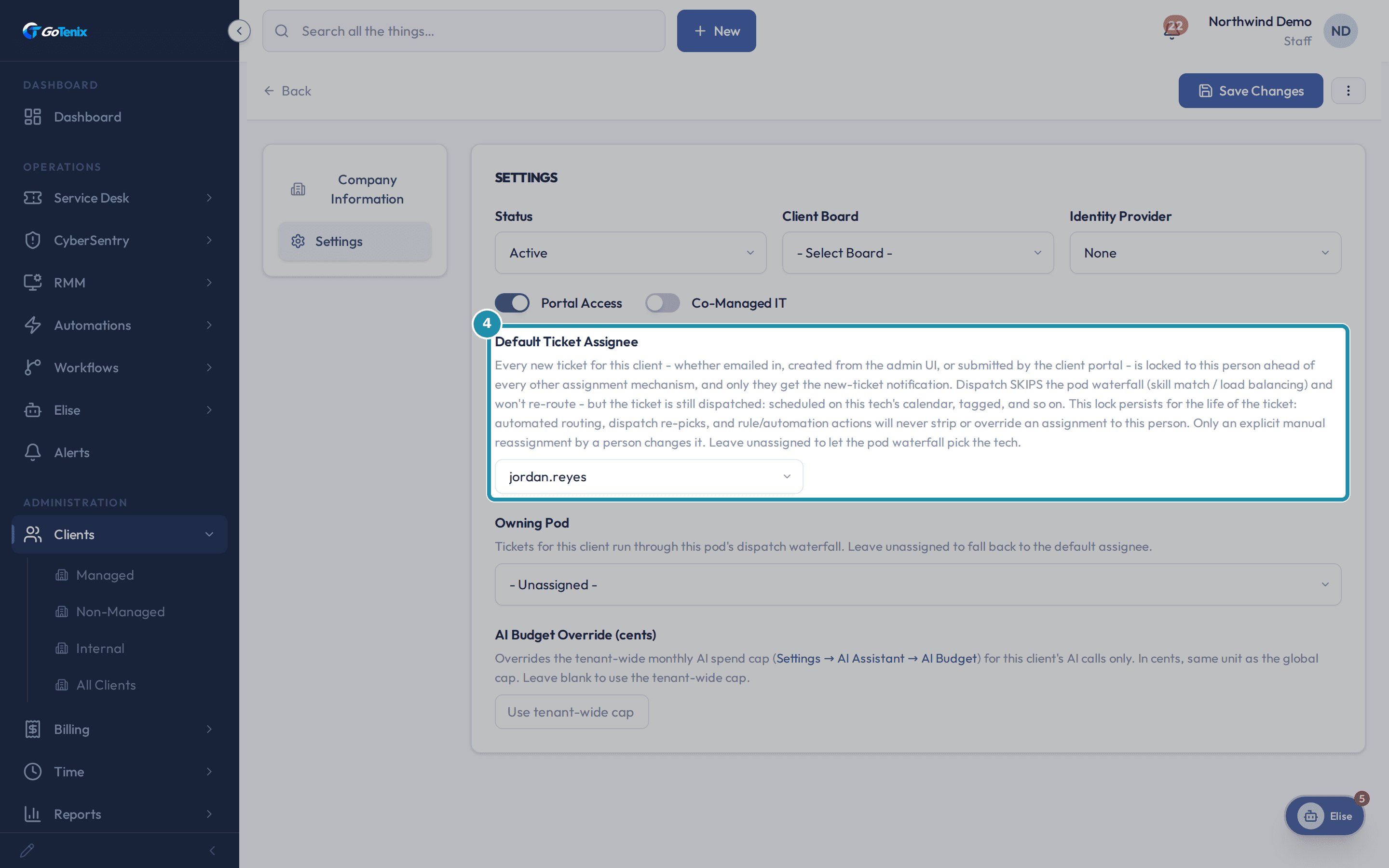 The client Settings panel with Default Ticket Assignee set to a tech and its full hint text visible.