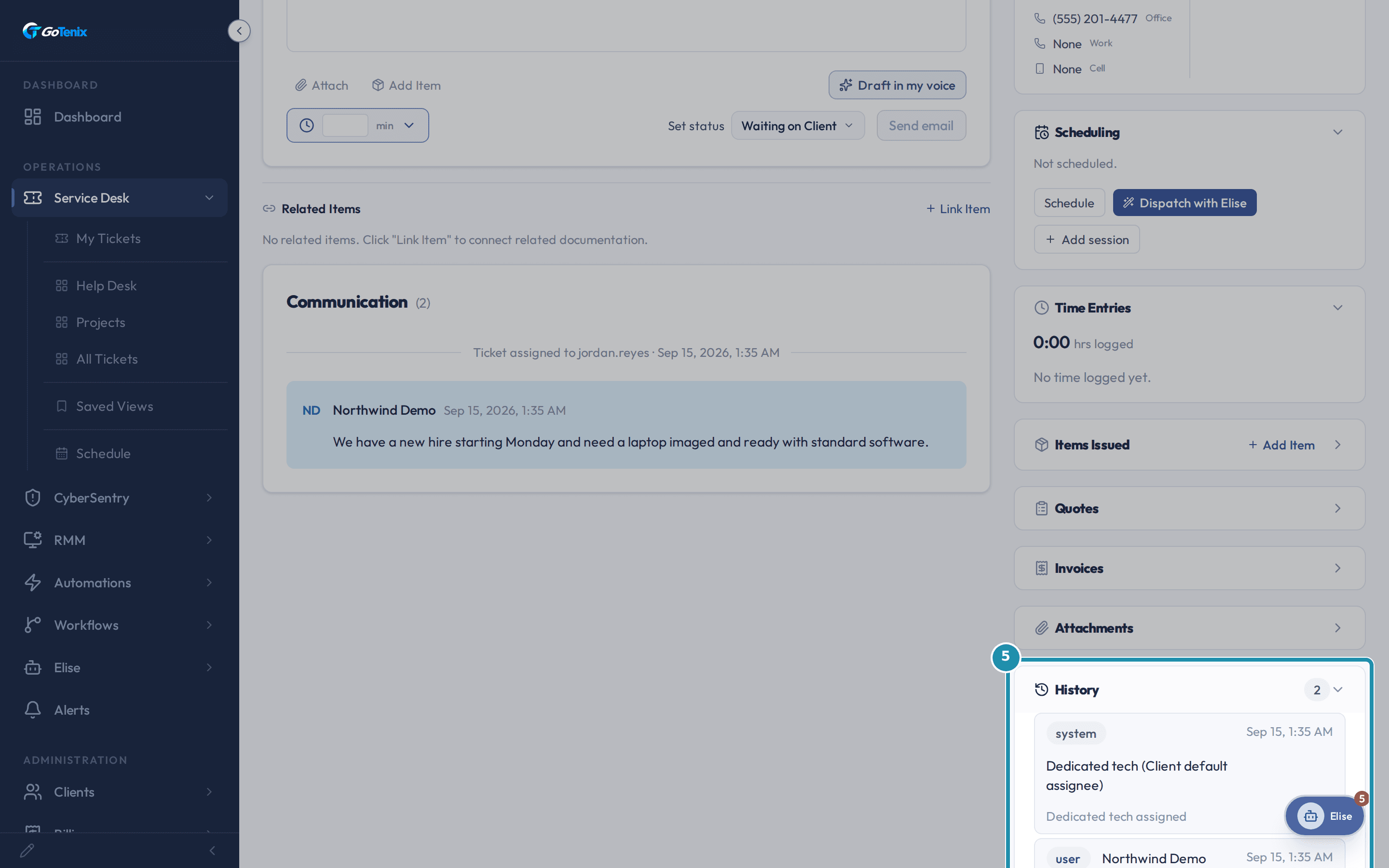 The expanded History row Dedicated tech (Client default assignee), Dedicated tech assigned showing the dedicated tech as Assigned To.