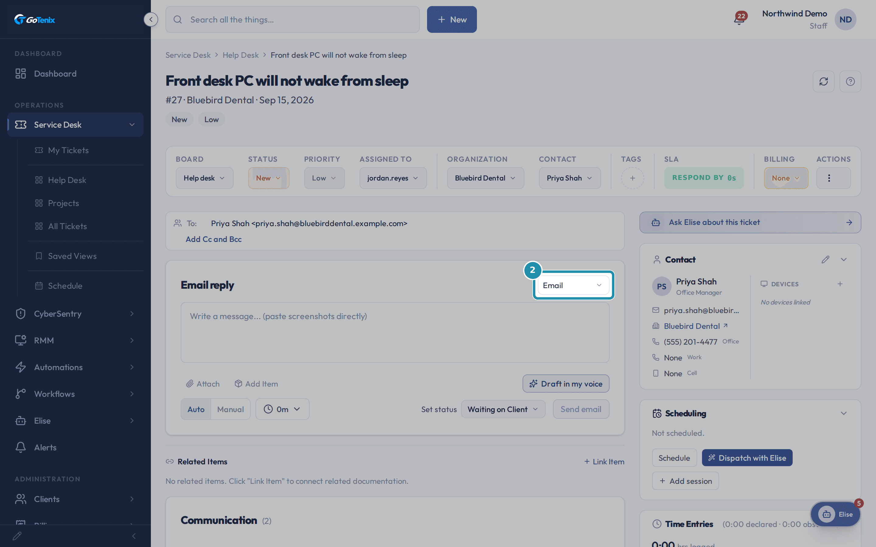 The reply composer's mode selector set to Email, above an empty message box addressed to Priya Shah, with a Draft in my voice button on the right.
