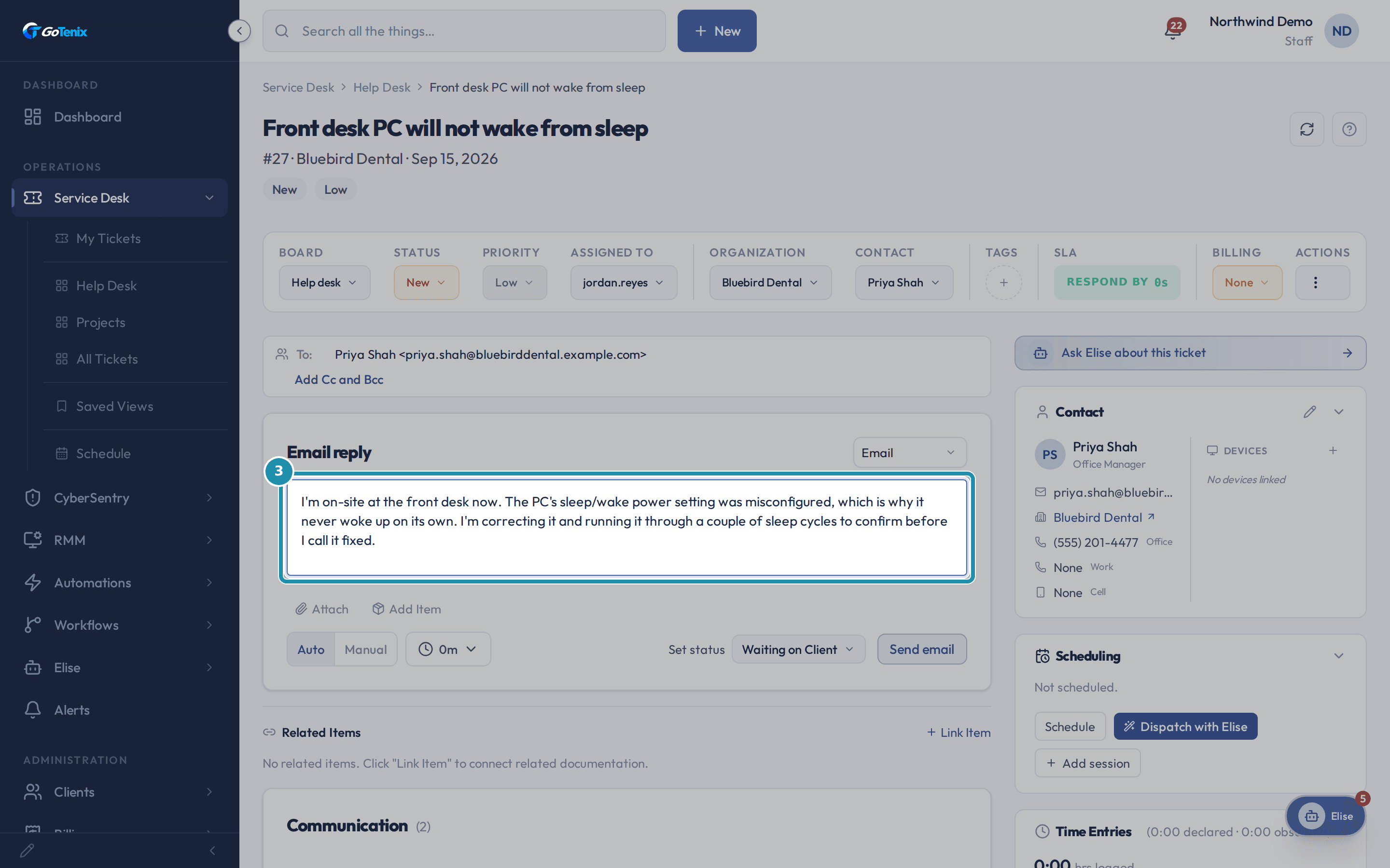 The reply composer with the typed message about the front desk PC's sleep and wake setting.