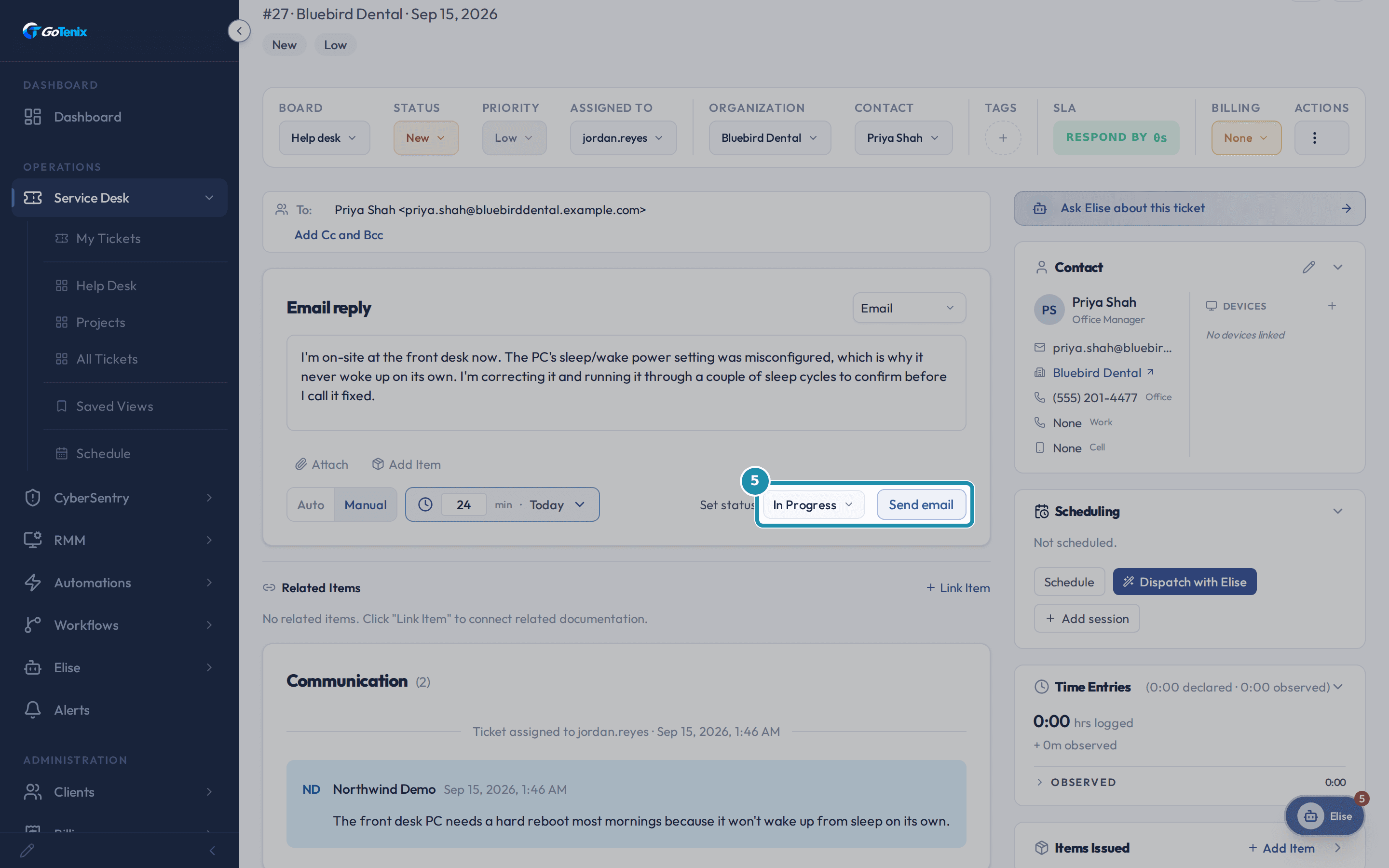 The composer's Send email button beside the Set status control, now reading In Progress, with the time control set to Manual at 24 minutes.