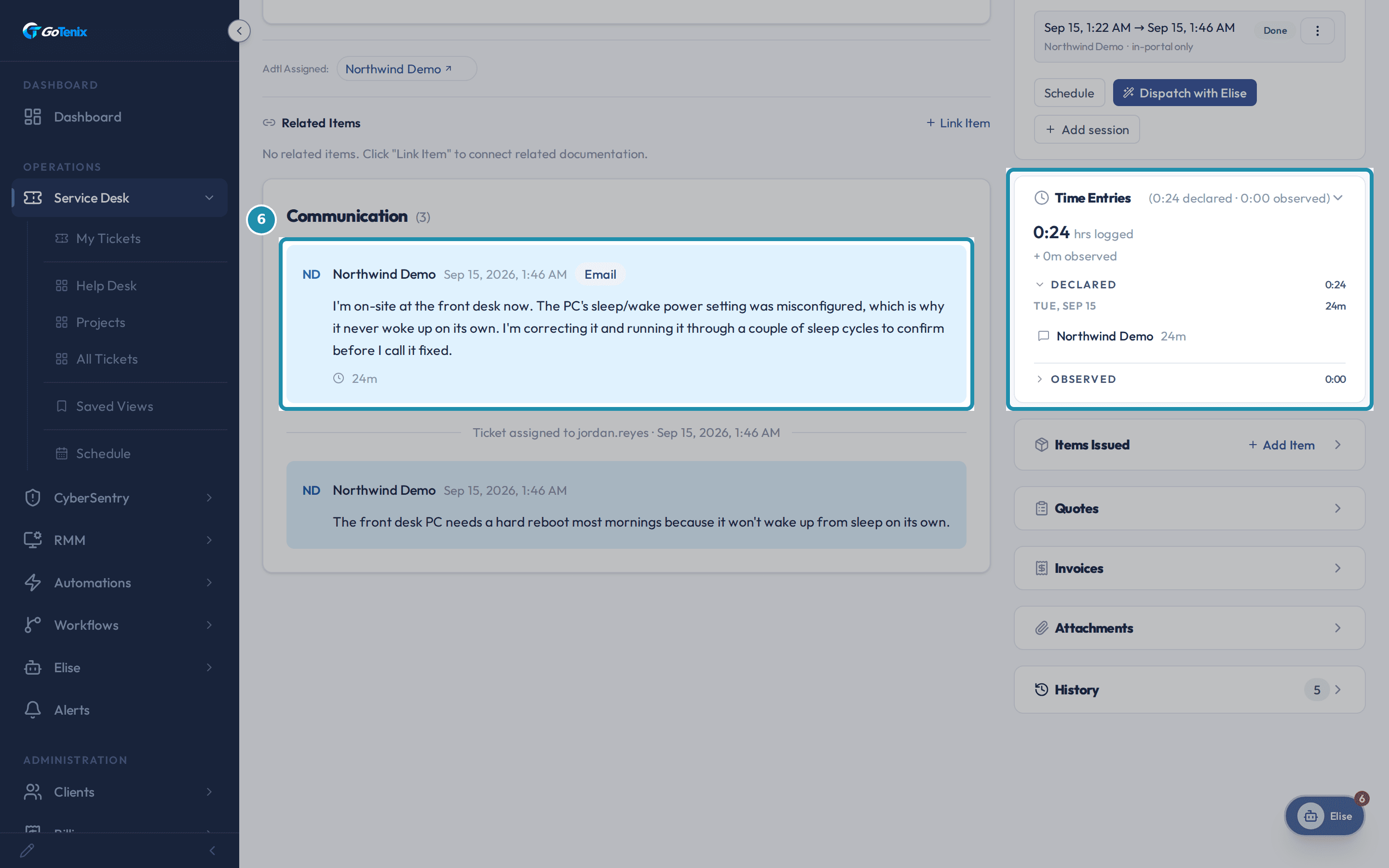 The new reply in the Communication thread with its time chip, beside the Time Entries card showing 24 minutes logged.