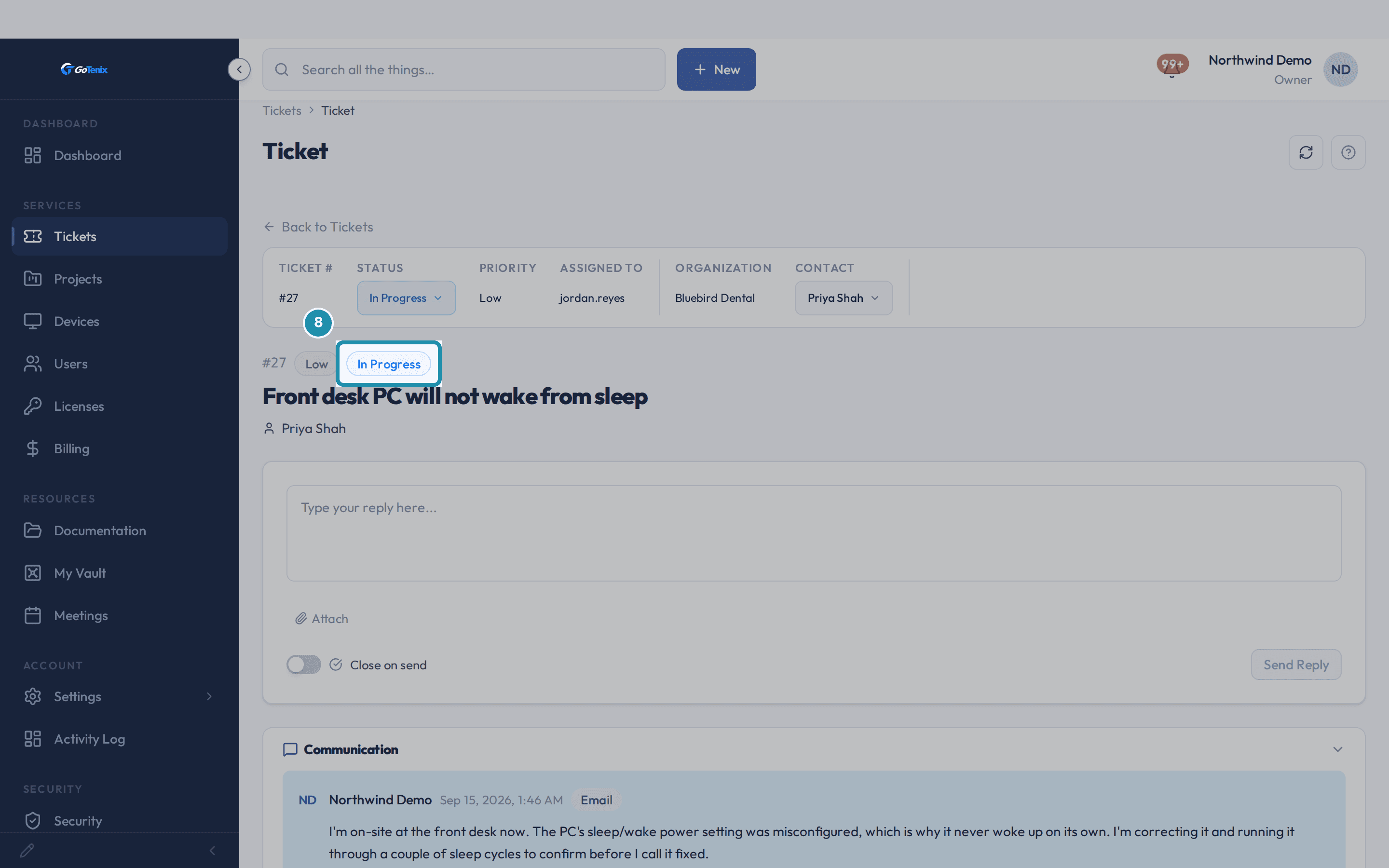 What the client sees: the client portal's ticket #27 showing status In Progress and the tech's reply in the Communication thread.