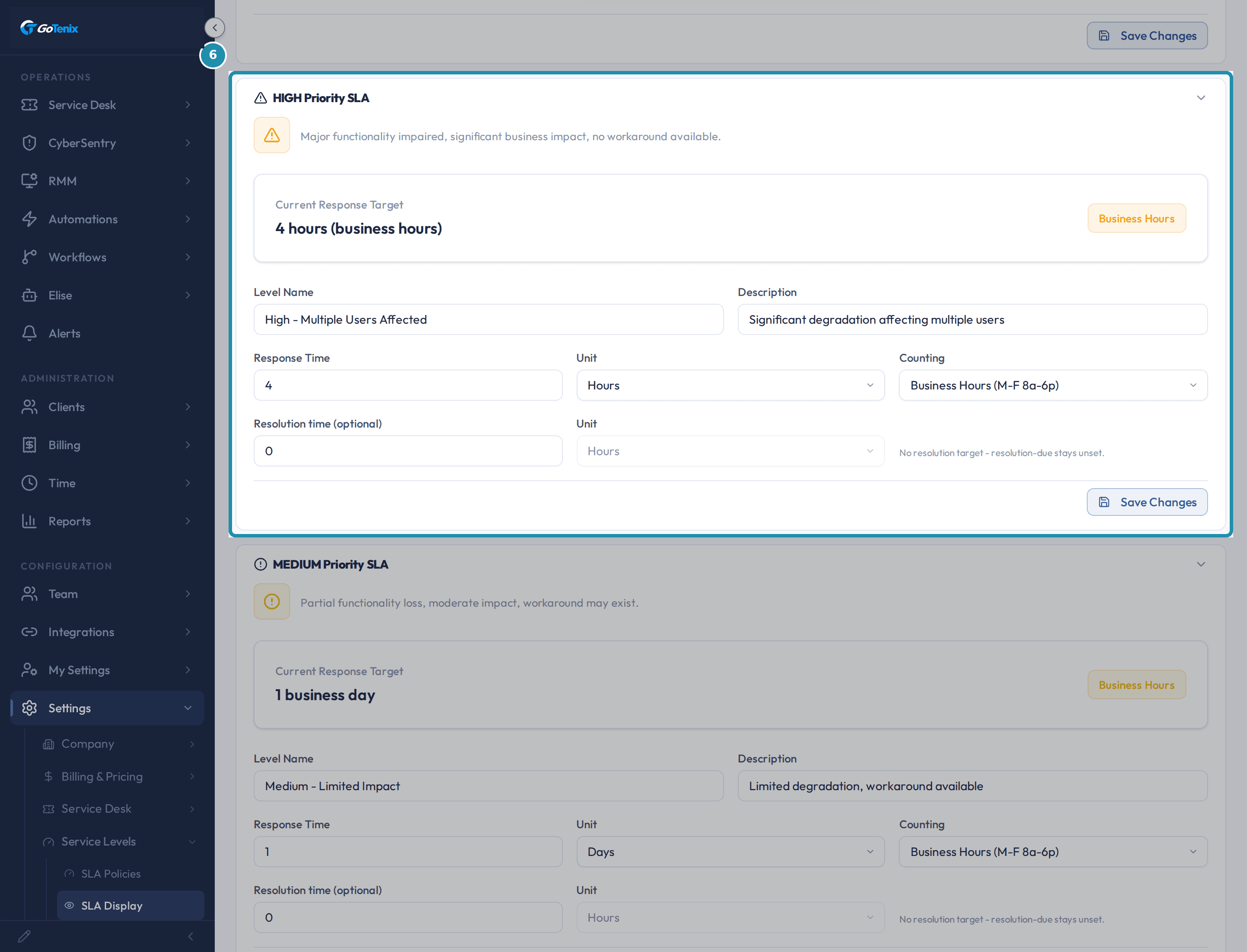 The HIGH Priority SLA card highlighted on the SLA Display page, showing Current Response Target 4 hours (business hours), a Business Hours badge, and the Response Time, Unit and Counting fields.
