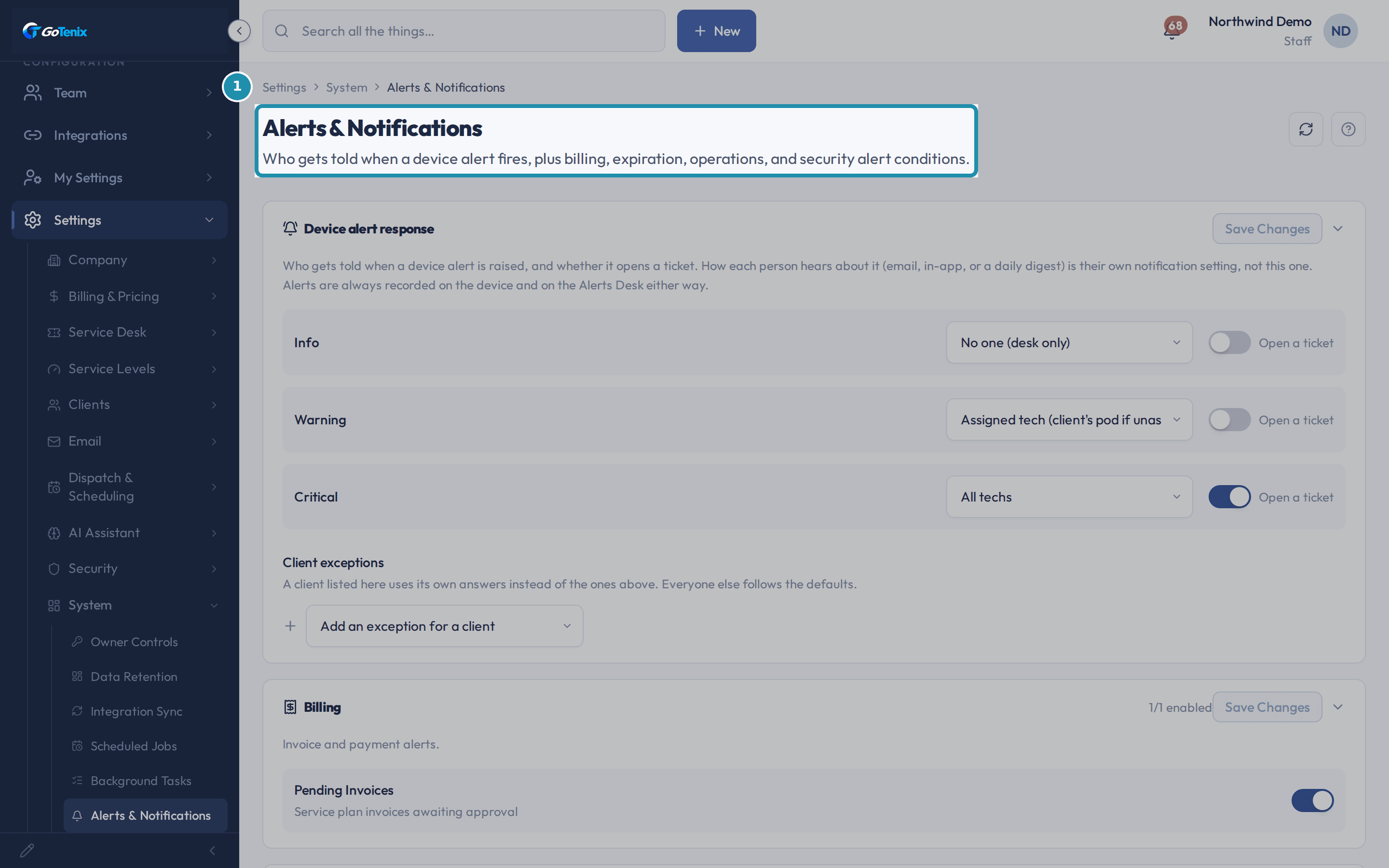 The Alerts & Notifications page header, breadcrumbed Settings > System > Alerts & Notifications, with the subtitle describing device alerts plus billing, expiration, operations and security alert conditions.