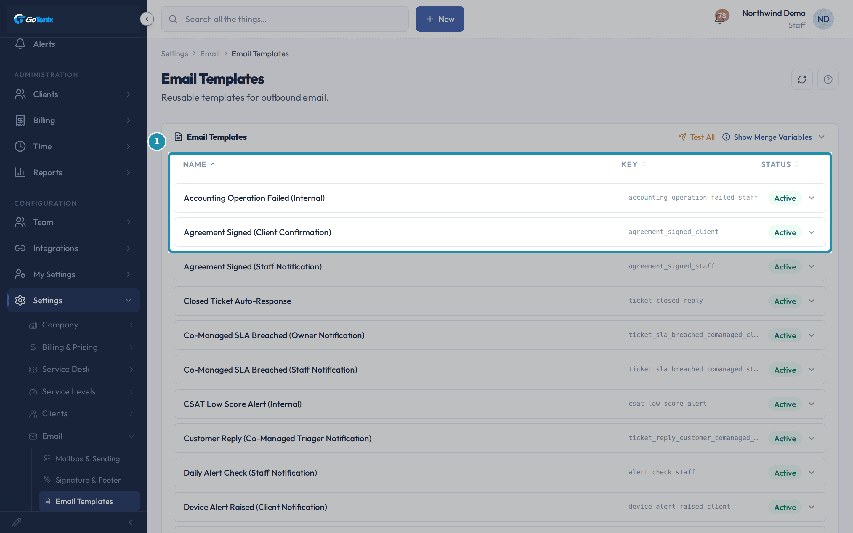 The Email Templates list with its sortable Name, Key, and Status header row boxed together with its first two rows.