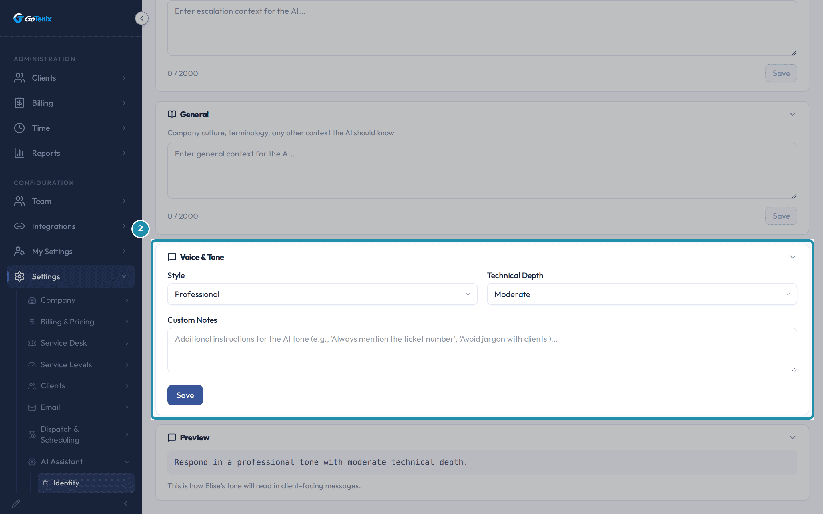 The Identity page's Voice & Tone card: Style set to Professional, Technical Depth set to Moderate, an empty Custom Notes box, and its own Save button.