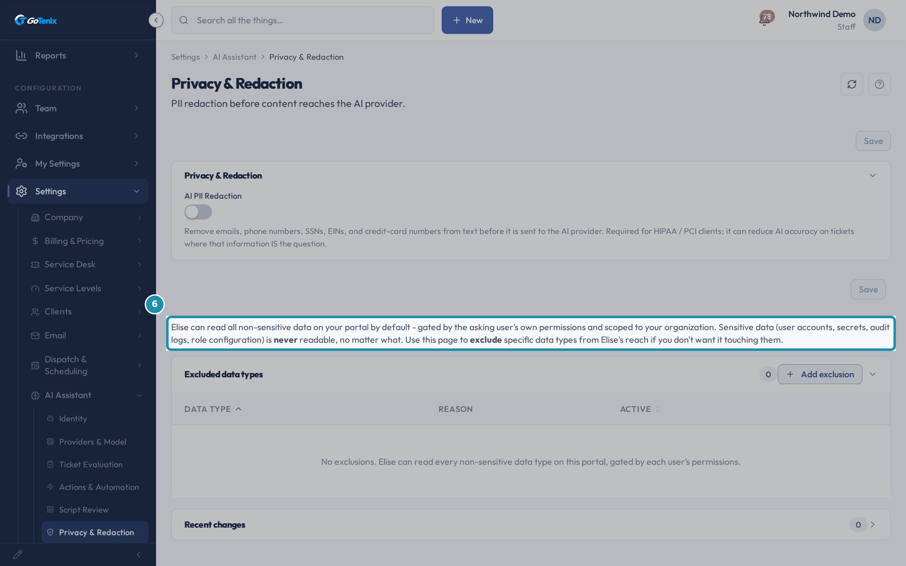 The sentence on the Privacy & Redaction page: Elise can read all non-sensitive data on your portal by default, with sensitive data marked never readable.