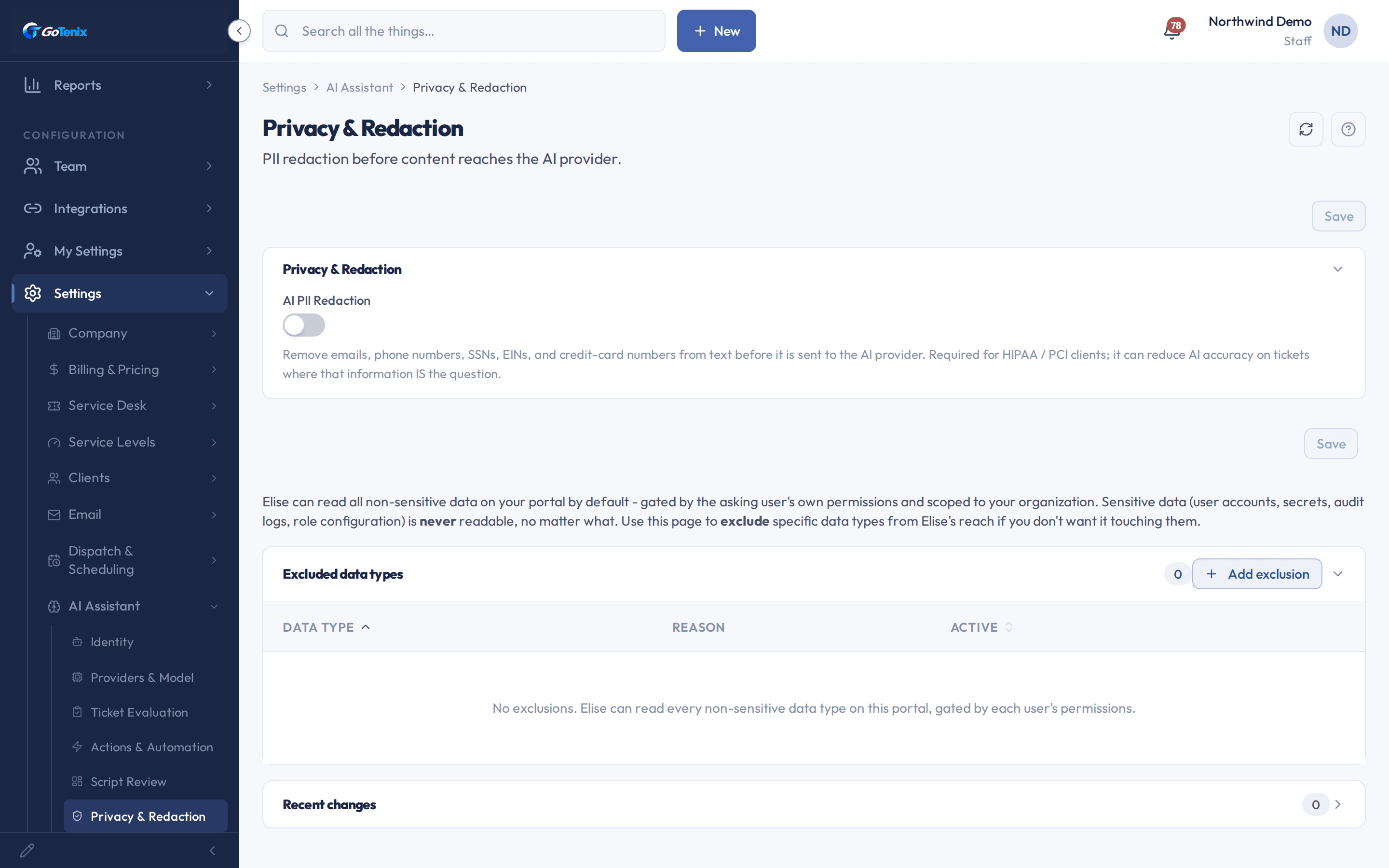 The Privacy & Redaction page with the AI PII Redaction toggle switched off and its description, above the Excluded data types table.