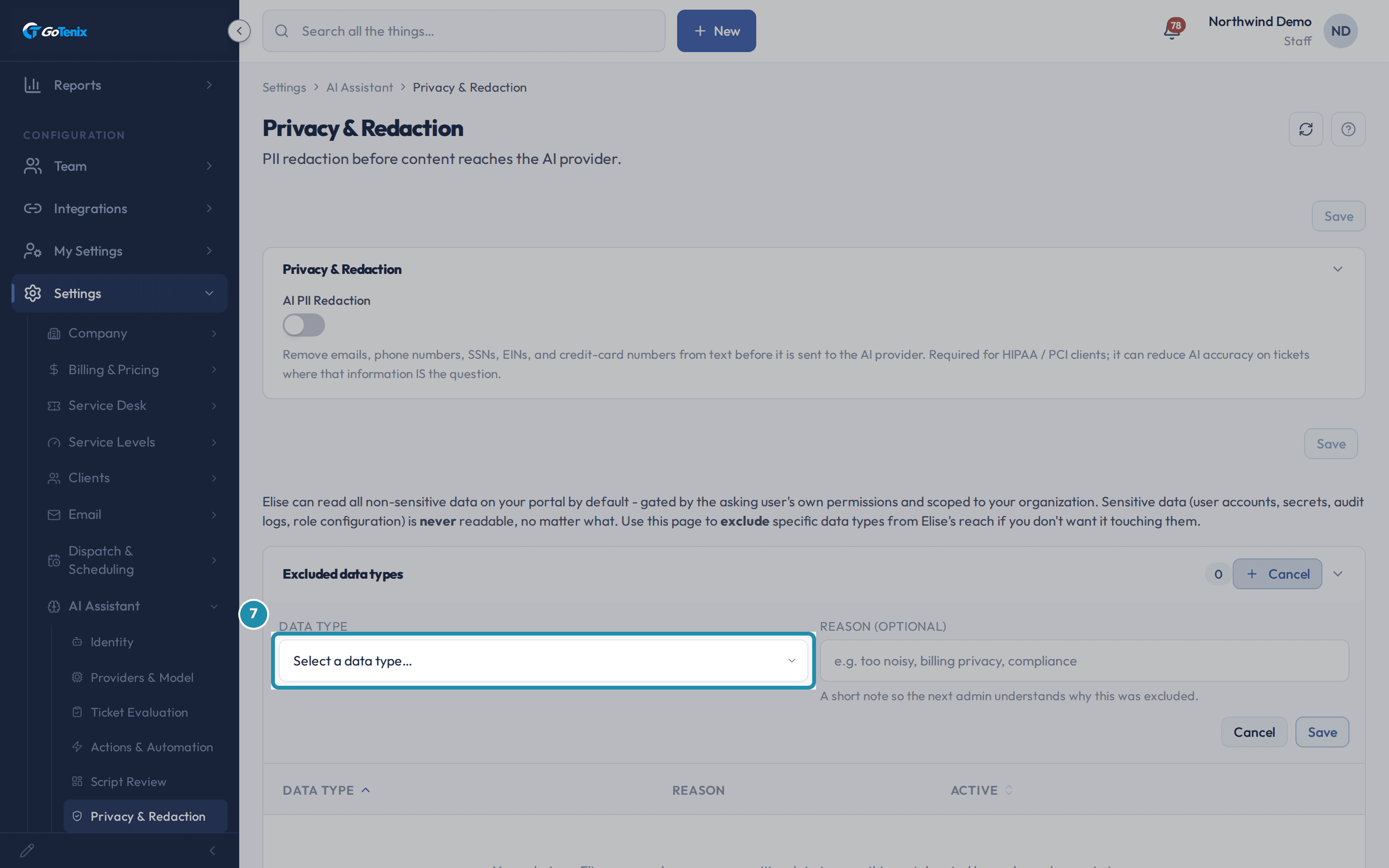 The Add exclusion form: an empty Data Type dropdown reading Select a data type…, and a Reason (optional) field.