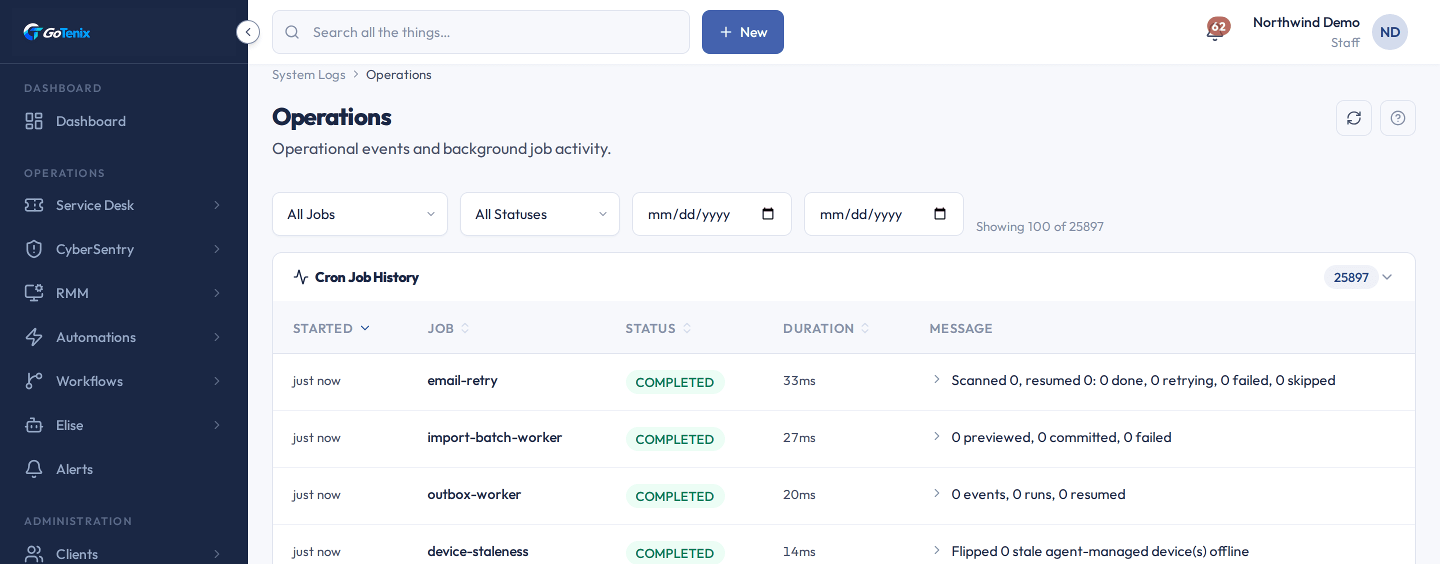 The Operations page with its job, status and date filters above the Cron Job History table of background job runs.