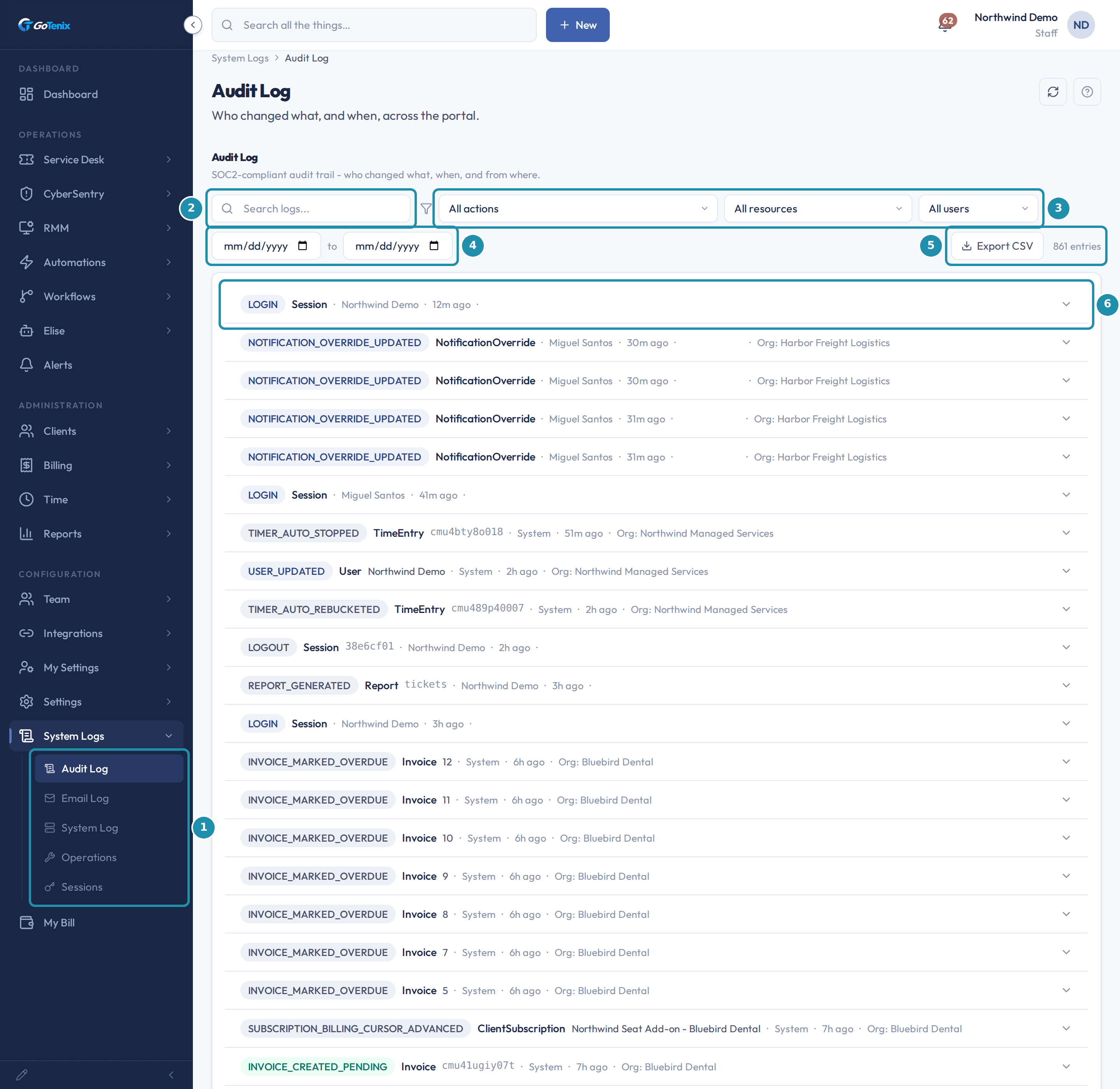 The Audit Log page with numbered badges on the System Logs stream list, the search box, the action, resource and user filters, the date range, Export CSV and the entries count, above the first rows of the log.