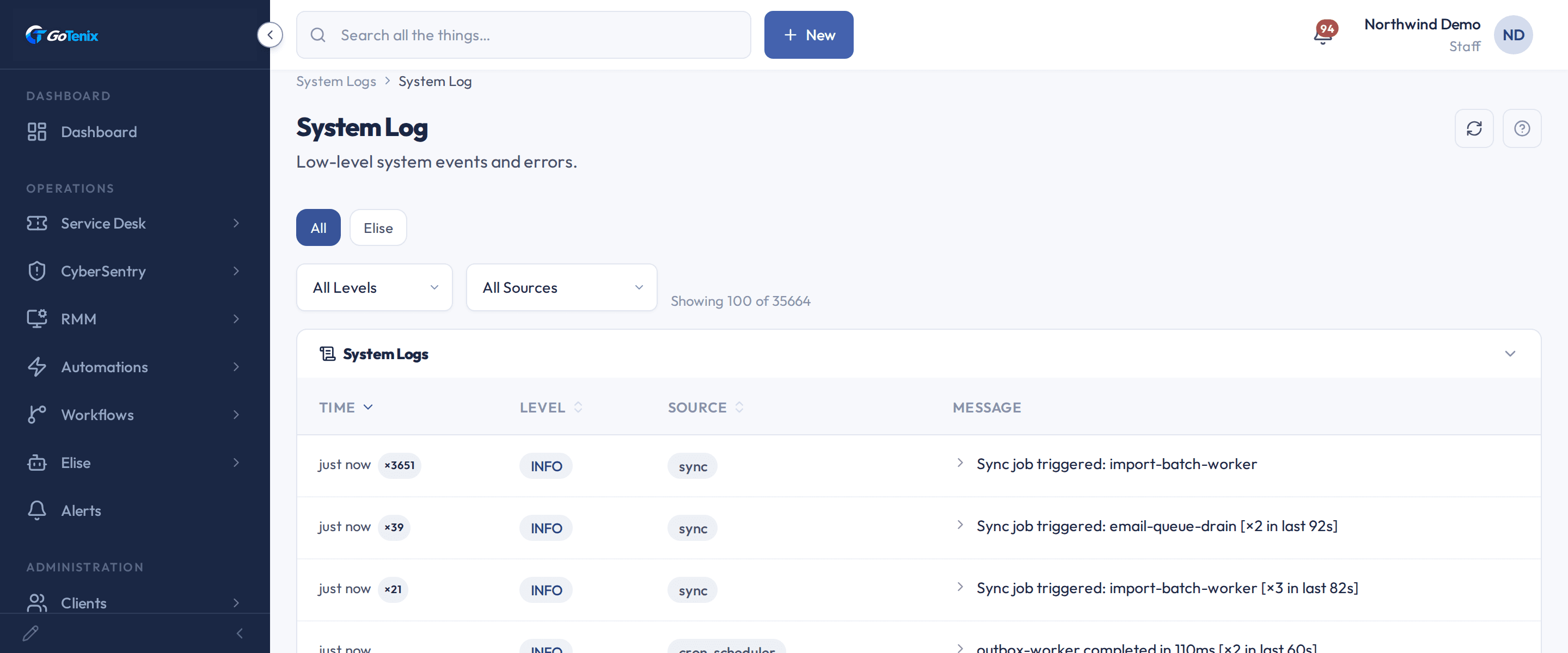 The System Log page with the All and Elise buttons, the All Levels and All Sources filters, and rows that each carry a repeat counter next to their time.