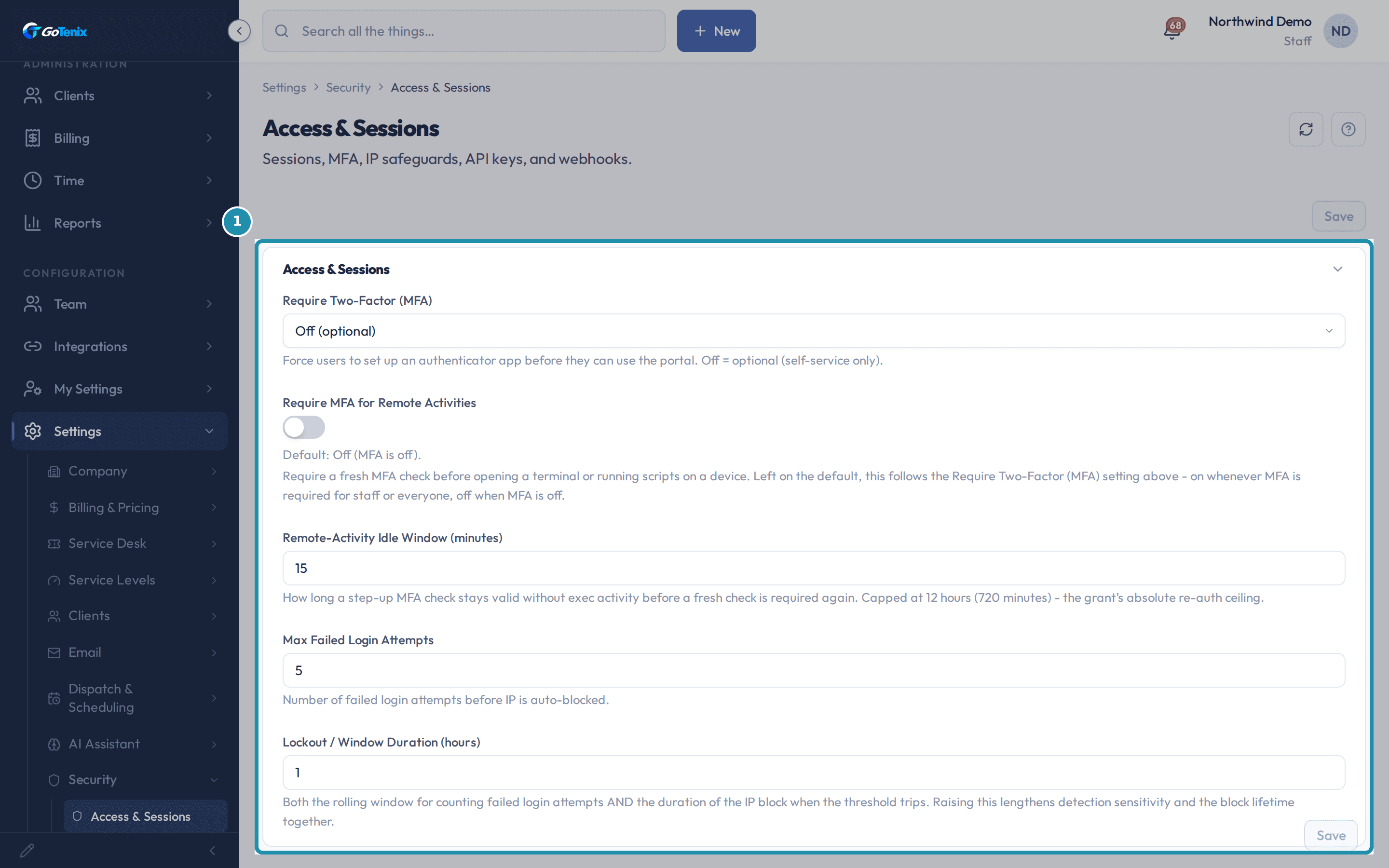 The Access & Sessions page's top card: Require Two-Factor (MFA) set to Off (optional), Require MFA for Remote Activities off, Remote-Activity Idle Window at 15, Max Failed Login Attempts at 5, and Lockout / Window Duration at 1 hour.